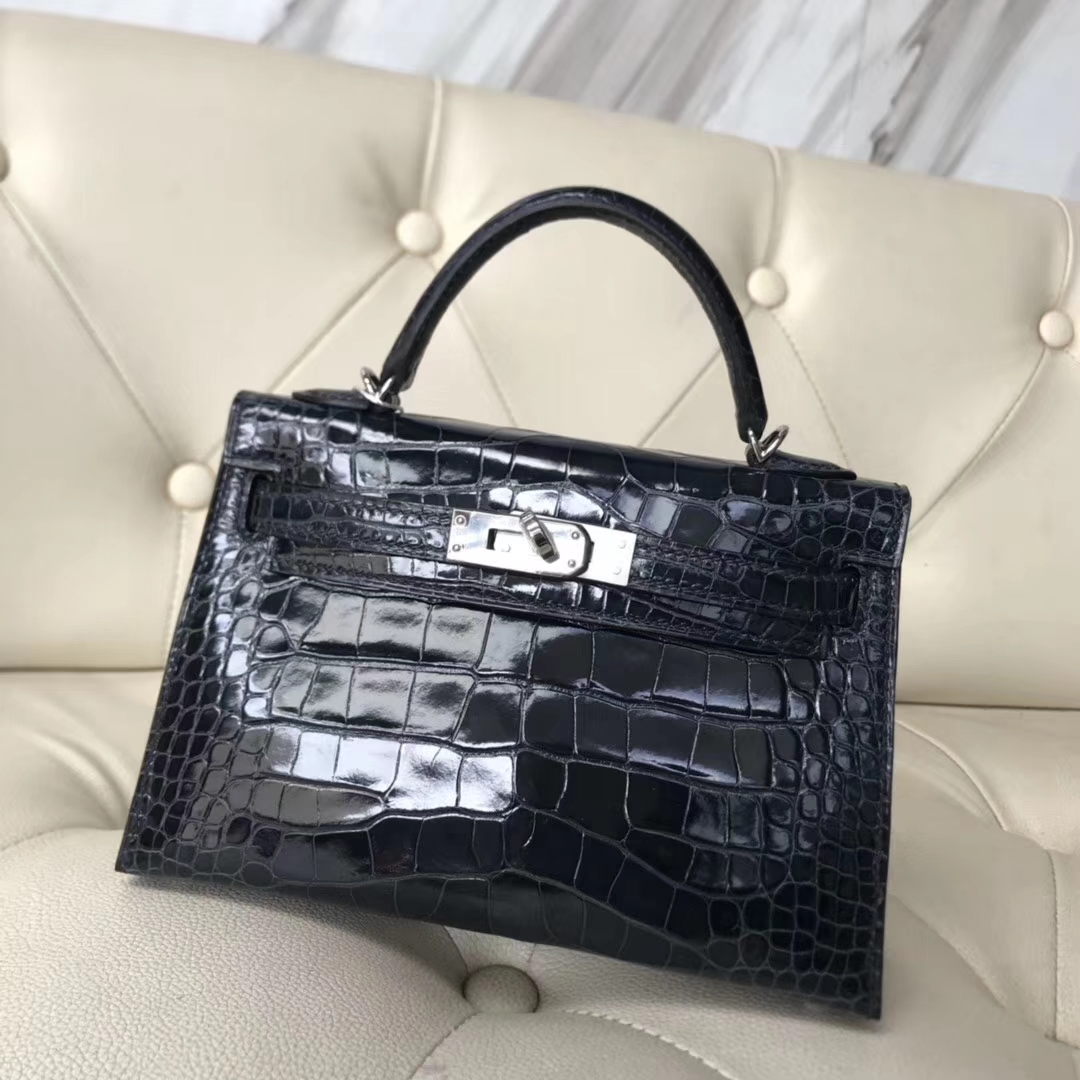 Hermès（爱马仕）Minikelly ll Alligator shiny 亮面鳄鱼 77k 深海蓝 blue indgo 银扣