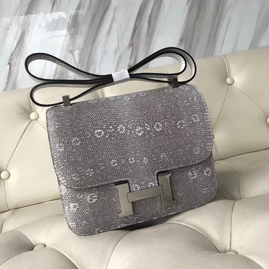 Hermès（爱马仕）Constance24cm lizard 进口亮面蜥蜴皮 01 原色 小喜马拉雅色 银扣