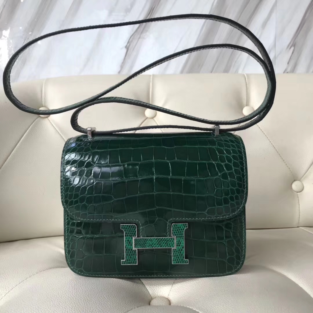 Hermès（爱马仕）Constance Alligator shiny  ck67祖母绿 vert fonce 蜥蜴扣 超特别 18cm