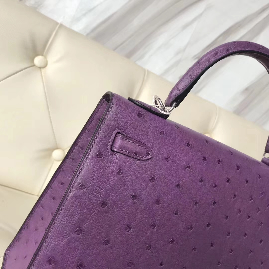 Hermès（爱马仕）Kelly25cm ostrich kk鸵鸟 P9海葵紫 顶级工艺 蜡线全手工 银扣 接受定制