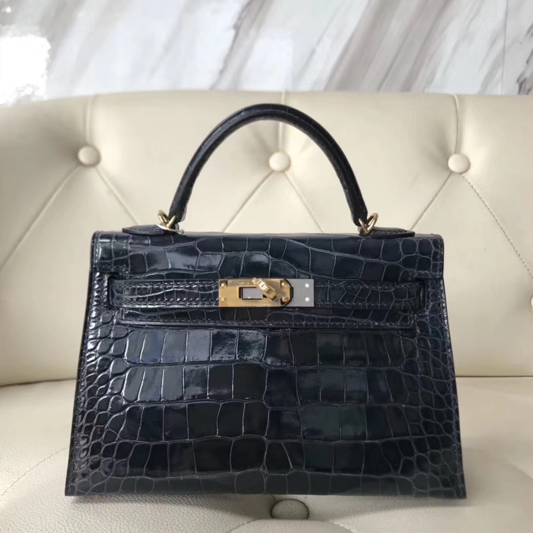 Hermès（爱马仕）Minikelly ll Alligator shiny 亮面鳄鱼 77k 深海蓝 blue indgo 金扣