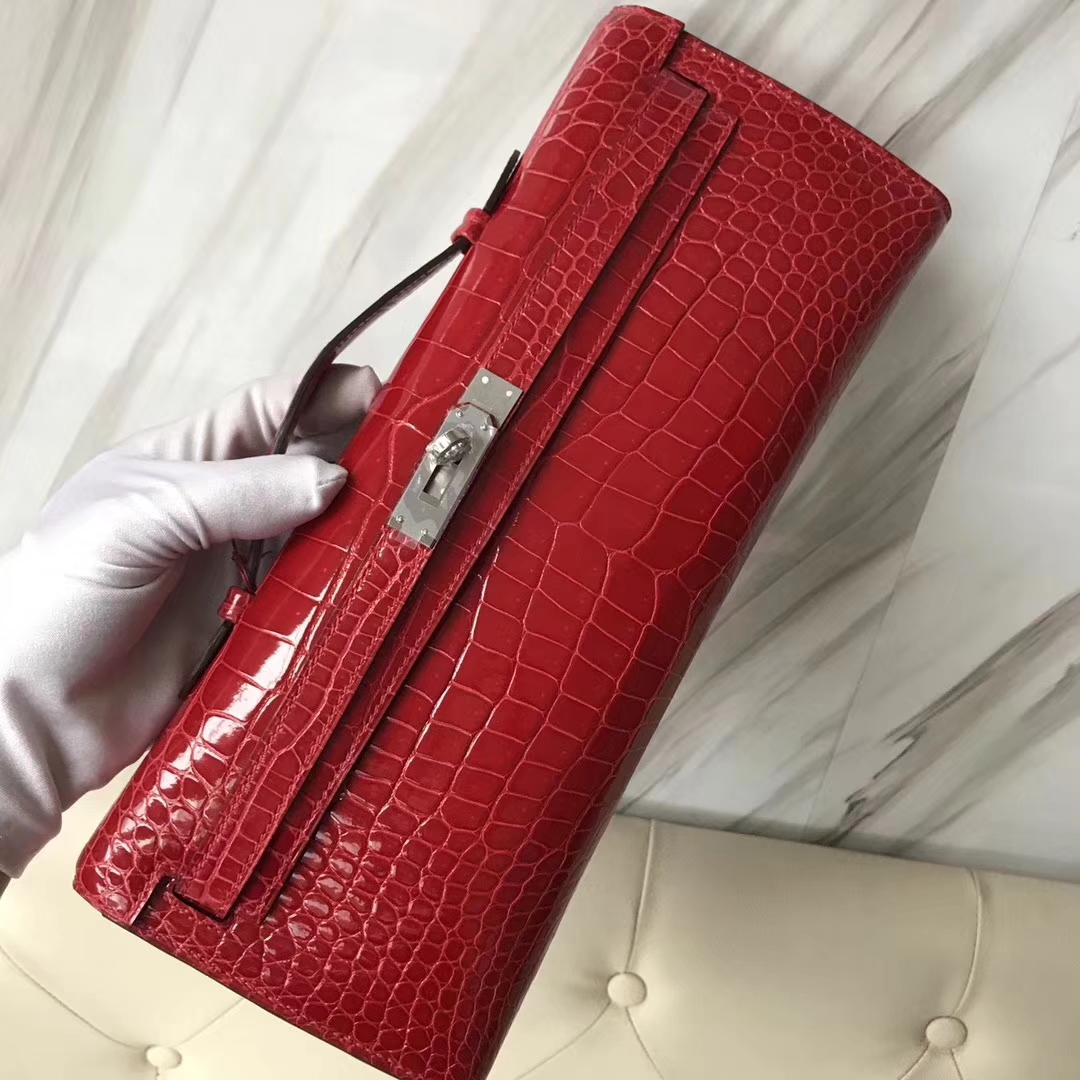Hermès（爱马仕）Kelly31cm Porosus shiny 亮面澳洲鳄鱼 ck95 法拉利红 Braise 银扣