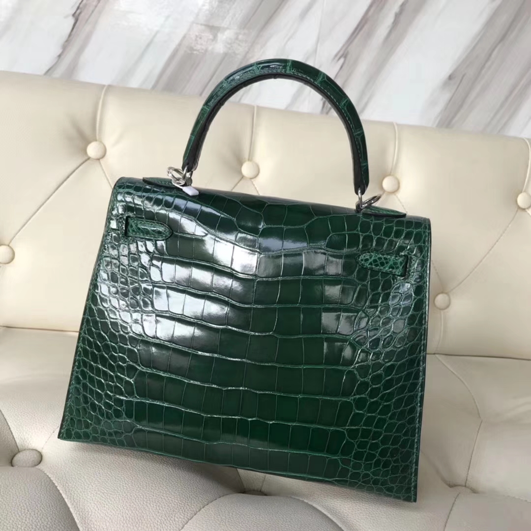 Hermès（爱马仕）Kelly25cm Alligator shiny 亮面鳄鱼 ck67 祖母绿 vert fonce 银扣