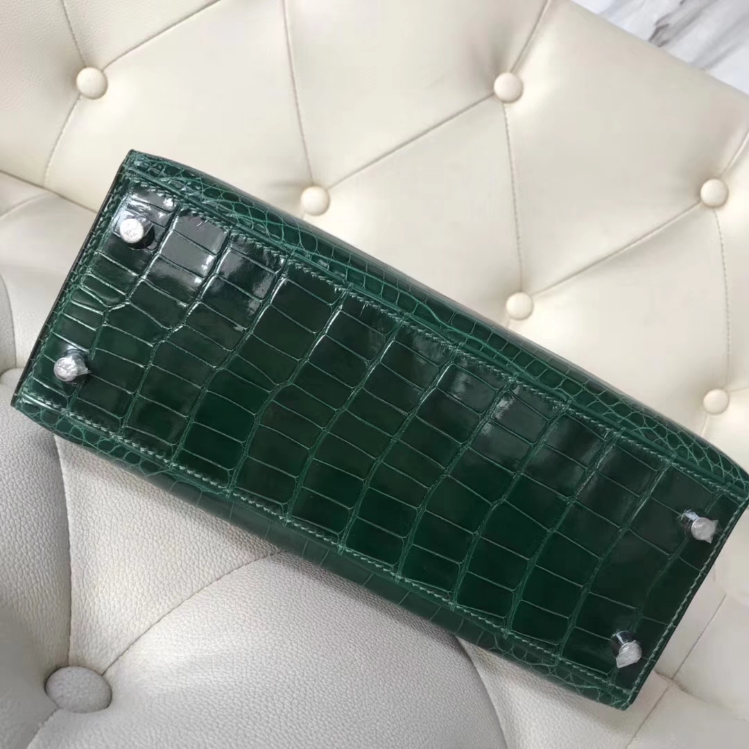 Hermès（爱马仕）Kelly25cm Alligator shiny 亮面鳄鱼 ck67 祖母绿 vert fonce 银扣