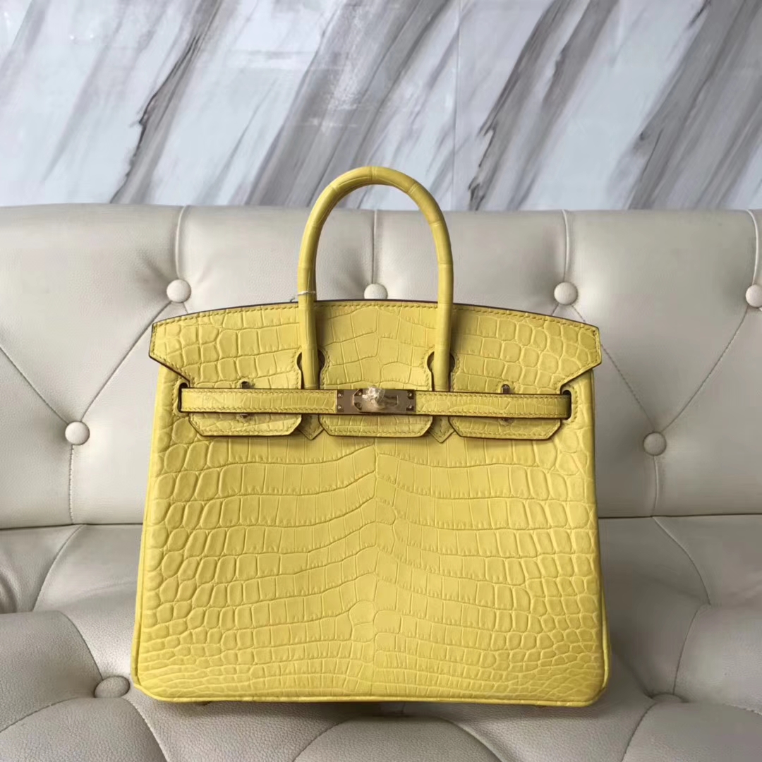 Hermès（爱马仕）Birkin铂金包 雾面鳄鱼 9R 柠檬黄 金扣 小可爱 25cm