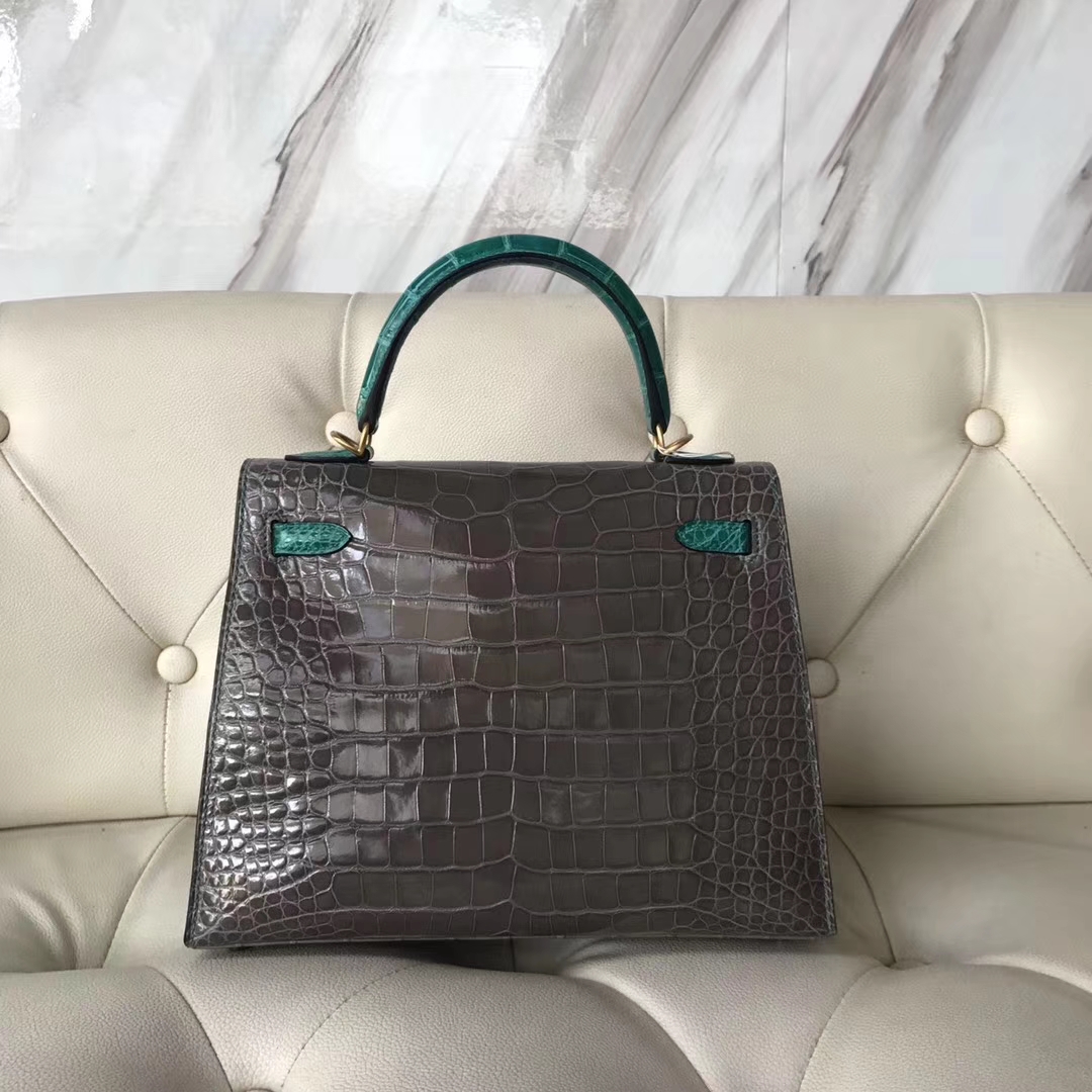 Hermès（爱马仕）Kelly shiny alligator crocodile 亮面框框鳄鱼 ck81斑鸠灰拼6Q翡翠绿 25cm