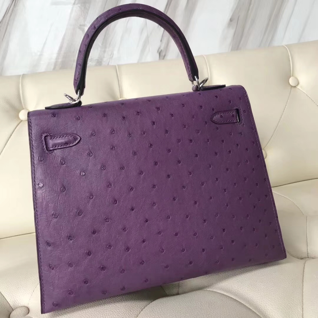Hermès（爱马仕）Kelly25cm ostrich kk鸵鸟 P9海葵紫 顶级工艺 蜡线全手工 银扣 接受定制