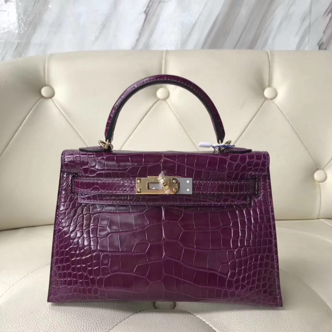 Hermès（爱马仕）Kelly 2代 19cm shiny alligator crocodile 亮面框框鳄鱼 N5加仑紫 顶级工艺 蜡线全手工  金扣