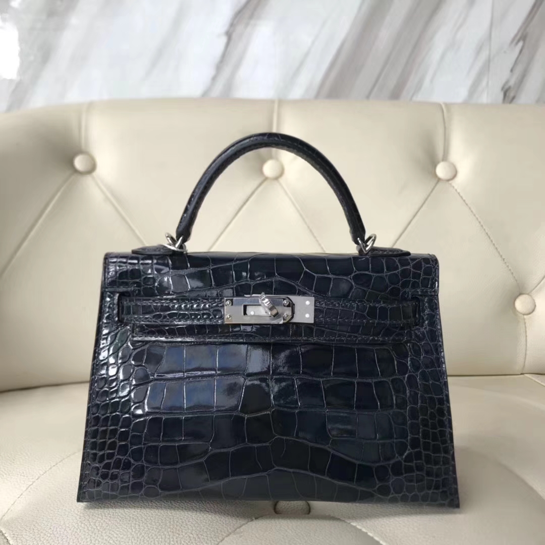 Hermès（爱马仕）Minikelly ll Alligator shiny 亮面鳄鱼 77k 深海蓝 blue indgo 银扣
