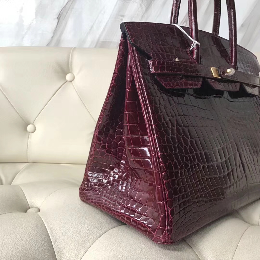 Hermès(爱马仕)Birkin shiny porosus 亮面澳洲湾鳄 F5勃艮第酒红 蜡线全手工 金扣 35cm-拉尔森鳄鱼皮具定制 - 爱马仕包包官网 Hermès(爱马仕)Birkin shiny porosus 亮面澳洲湾鳄 F5勃艮第酒红 蜡线全手工 金扣 35cm