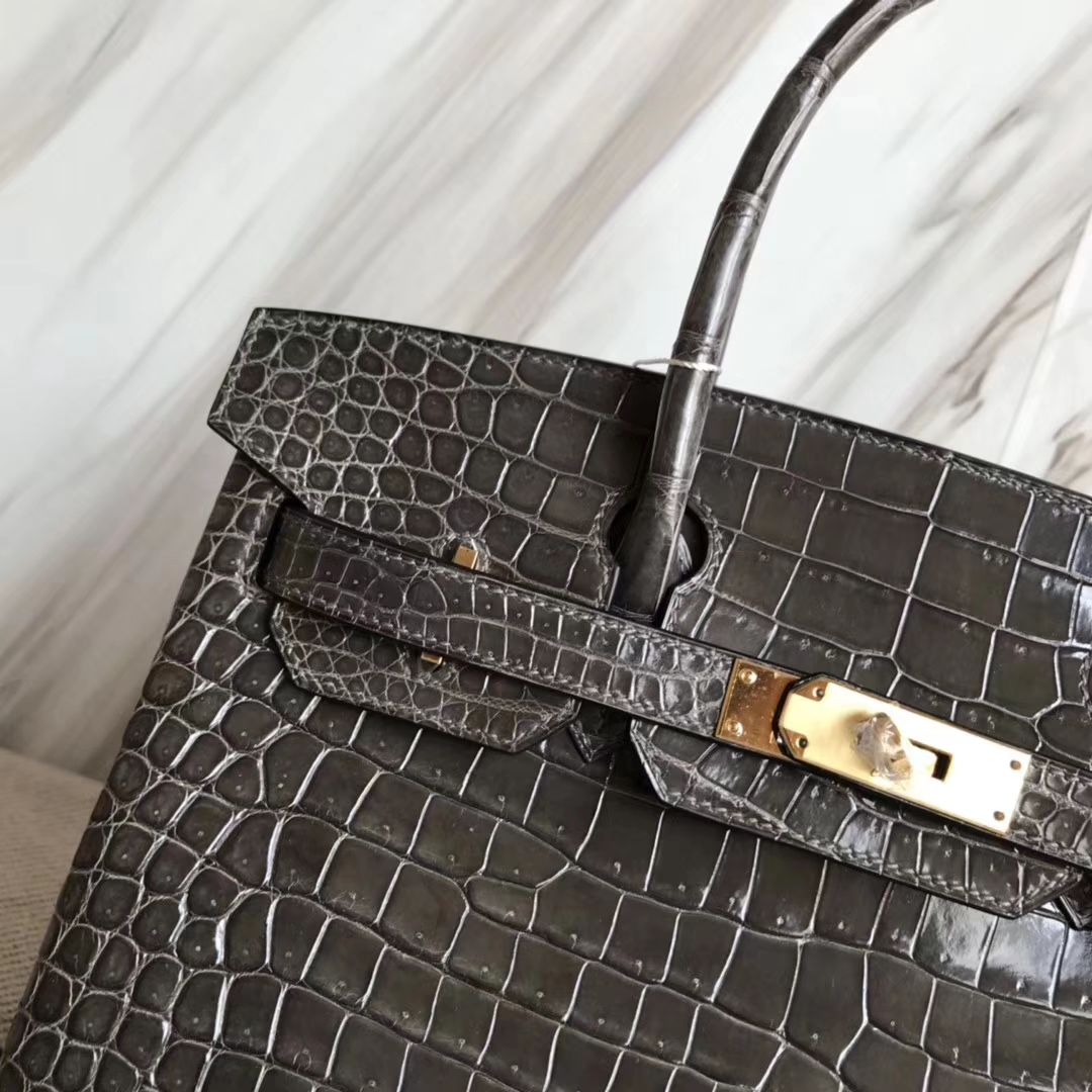Hermès（爱马仕）Birkin30cm Porosus shiny 亮面澳洲湾鳄  ck88 石墨灰 graphite 金扣