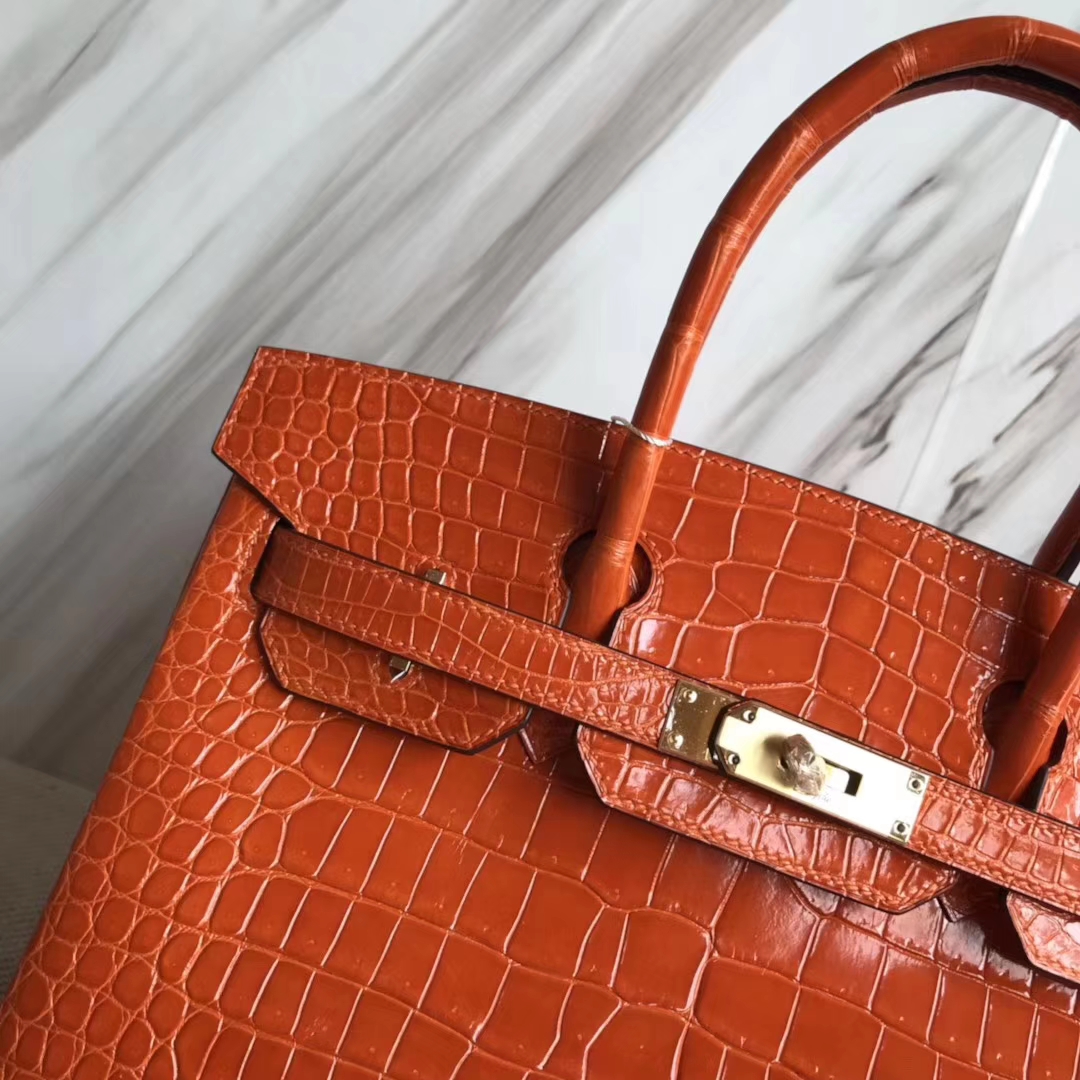 Hermès（爱马仕）Birkin30cm shiny porosus crocodile 澳洲湾鳄 8V栗罂橙 原厂御用HCp 蜡线全手工 金扣