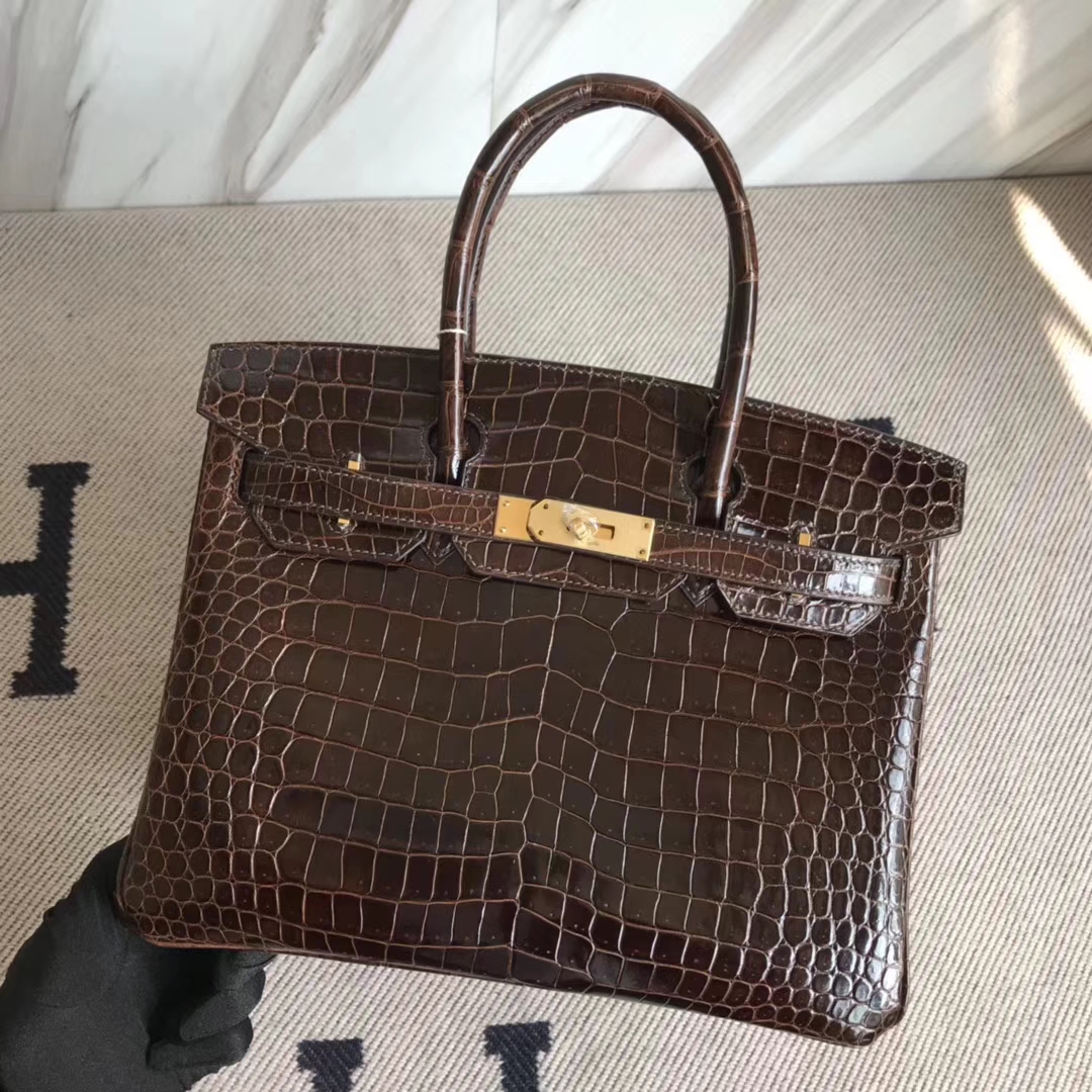 Hermès（爱马仕）Birkin30cm Porosus shiny 亮面澳洲湾鳄  咖啡色 巧克力色 金扣