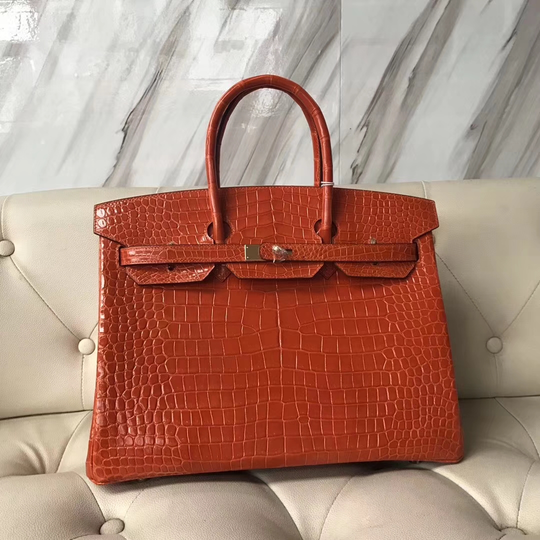 Hermès(爱马仕)Birkin Porosus shiny 亮面鳄鱼 8V 罂粟橘 金扣 35cm-拉尔森鳄鱼皮具定制 - 爱马仕包包官网 Hermès(爱马仕)Birkin Porosus shiny 亮面鳄鱼 8V 罂粟橘 金扣 35cm