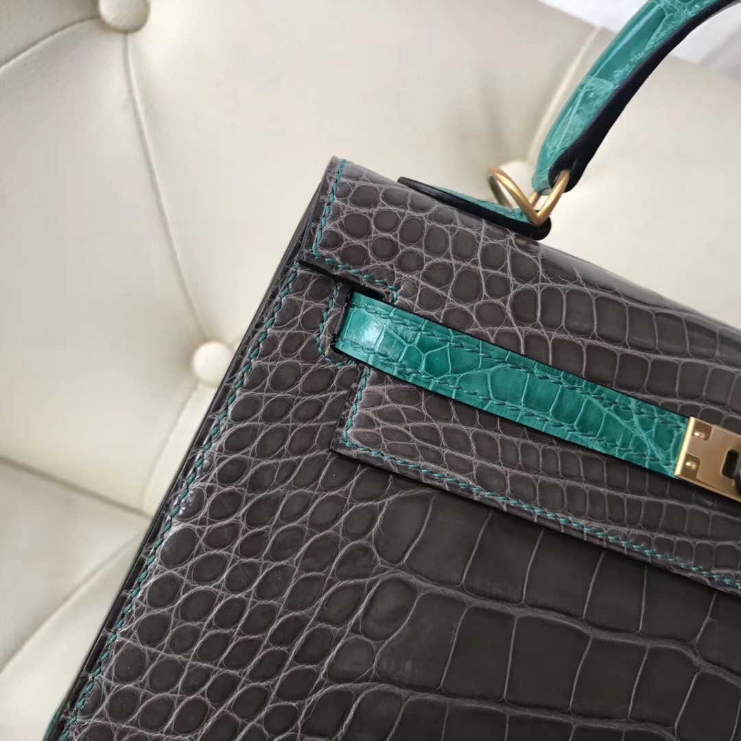 Hermès（爱马仕）Kelly shiny alligator crocodile 亮面框框鳄鱼 ck81斑鸠灰拼6Q翡翠绿 25cm
