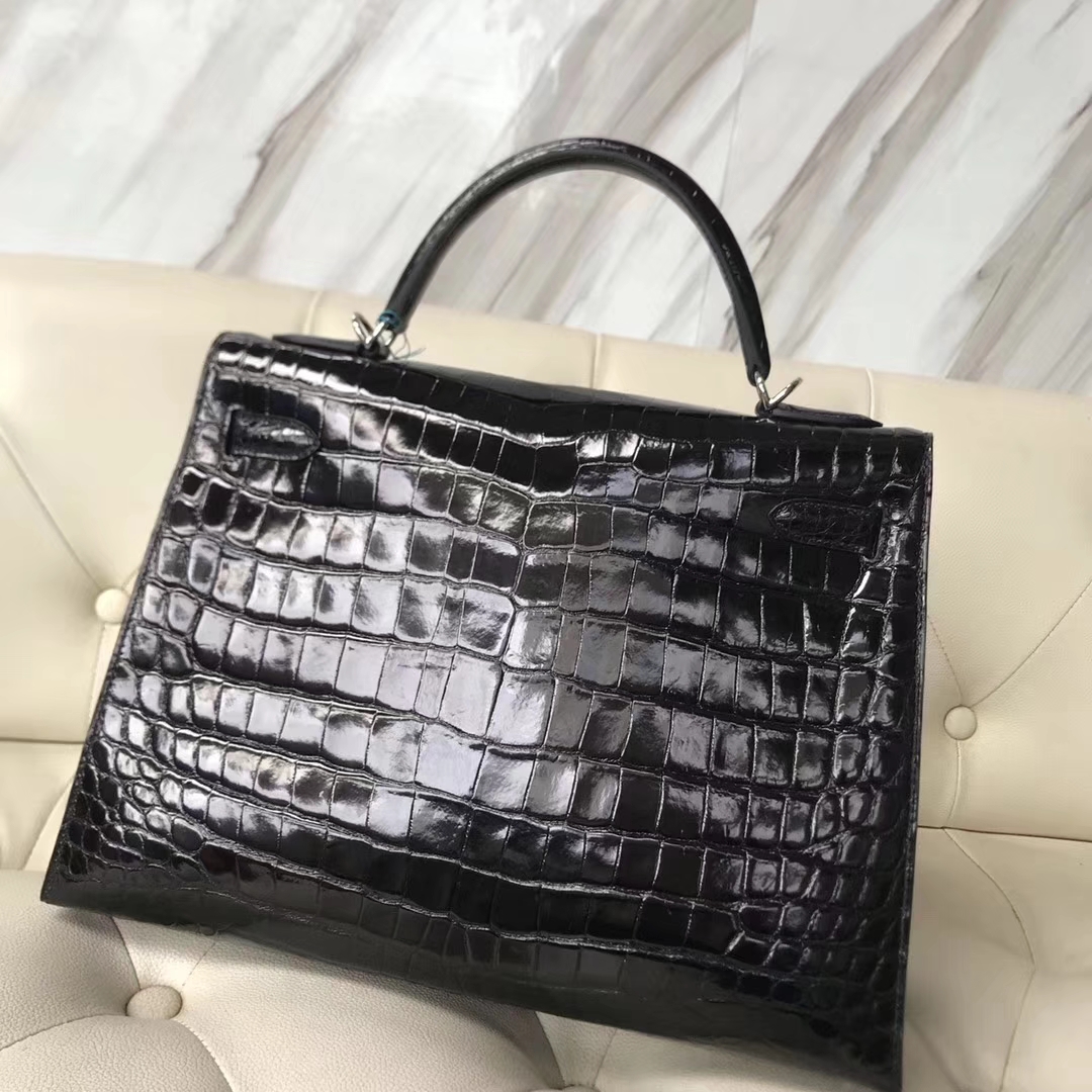 Hermès（爱马仕）Kelly shiny nilo crocodile 亮面尼罗鳄 ck89黑色 蜡线全手工 银扣 32cm