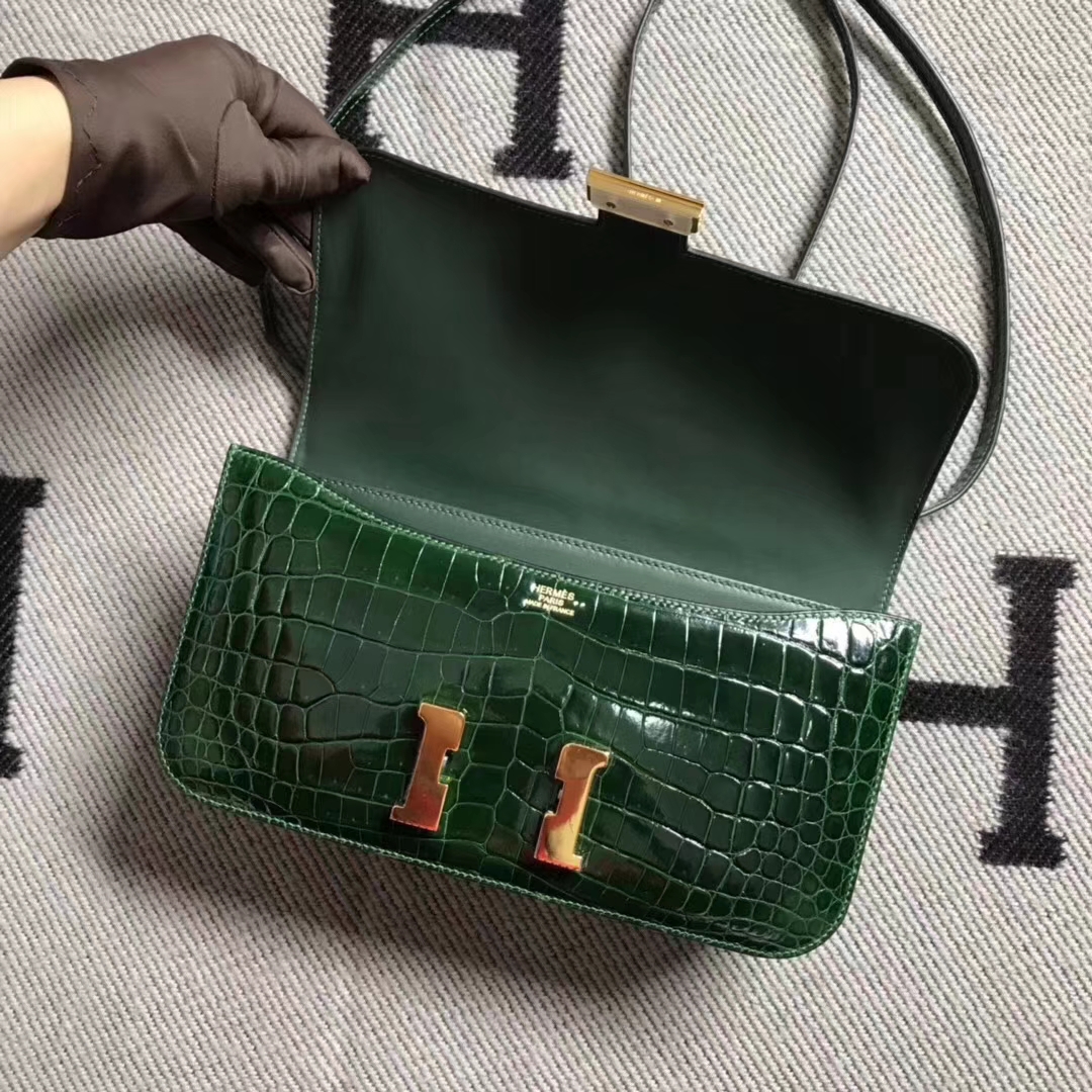 Hermès（爱马仕）Constance 空姐包 亮面小康 银扣 祖母绿 26cm