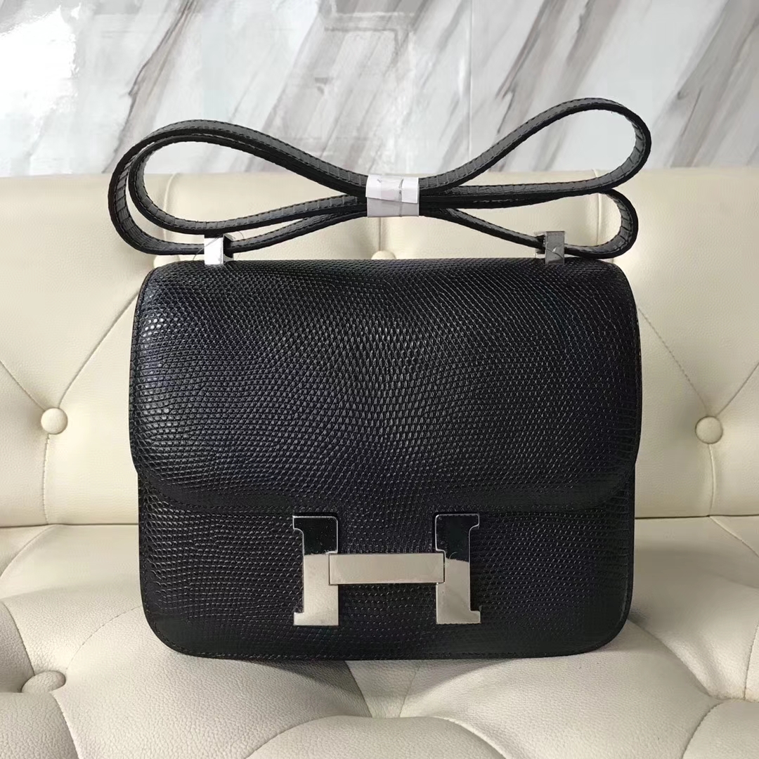 Hermès（爱马仕）Constance24cm lizard 进口亮面蜥蜴皮 ck89 黑色 银扣