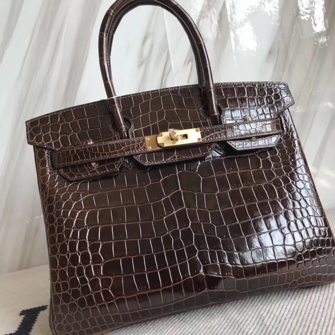 Hermès（爱马仕）Birkin30cm Porosus shiny 亮面澳洲湾鳄  咖啡色 巧克力色 金扣