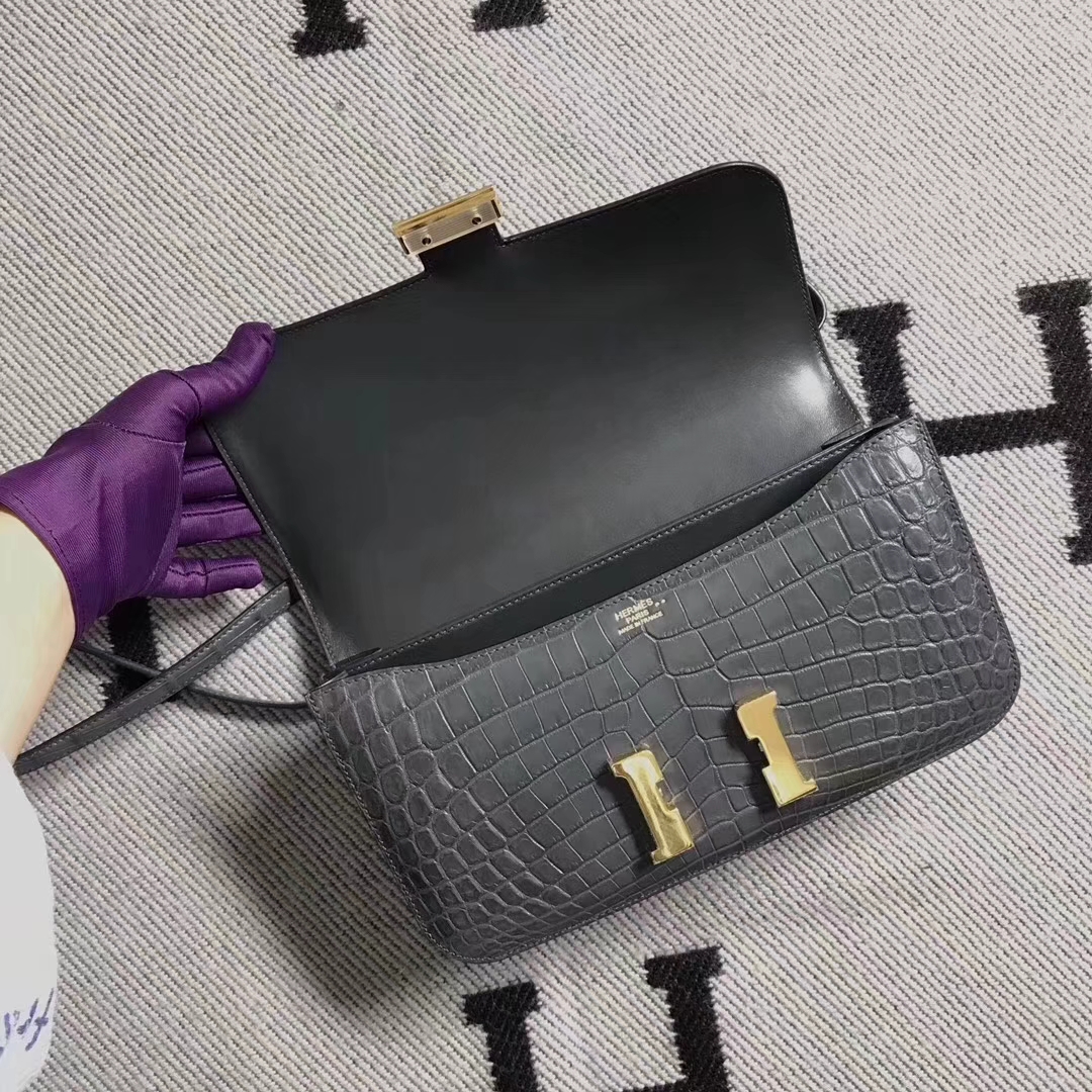 Hermès（爱马仕）雾面鳄鱼两点 小康26cm 铁灰色
