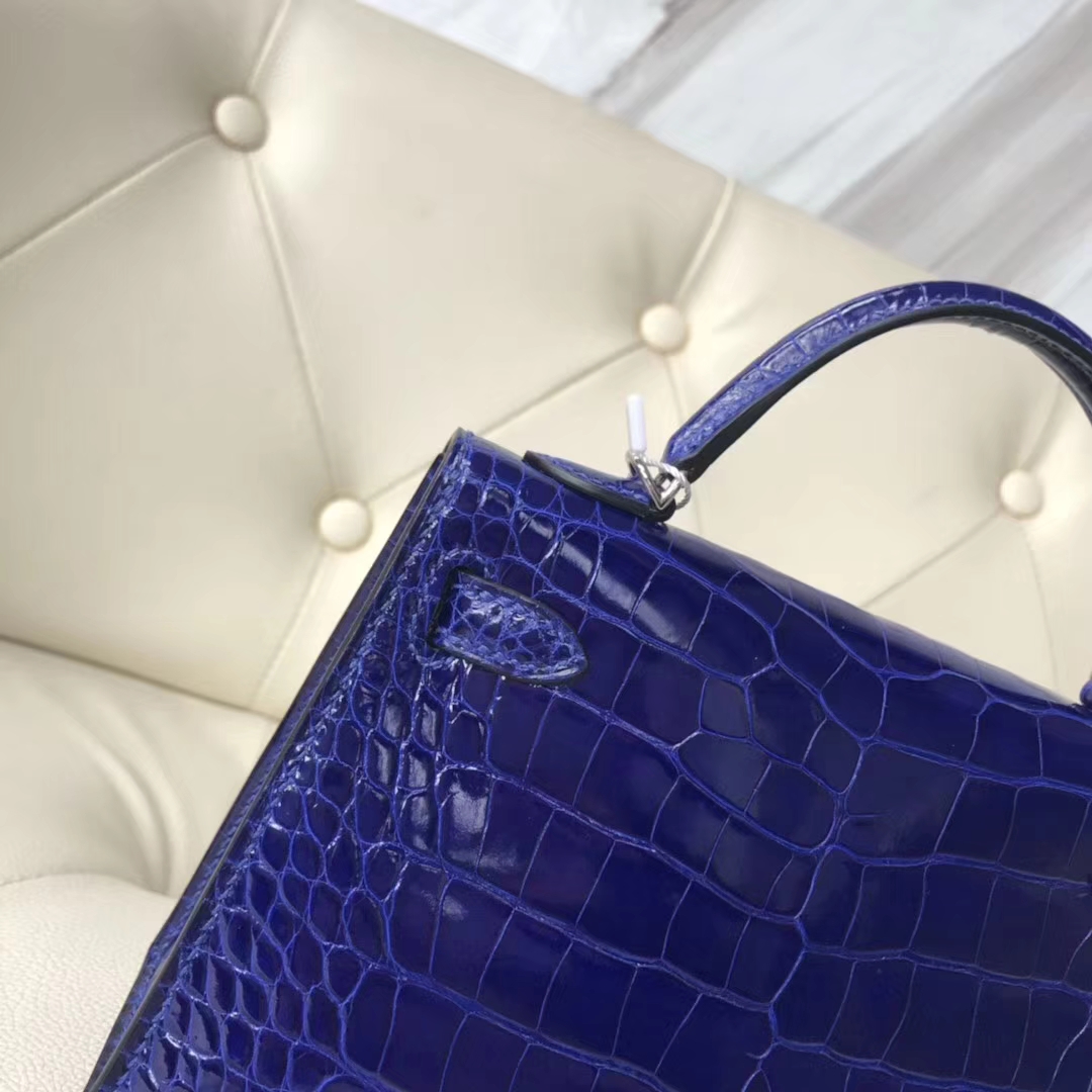 Hermès（爱马仕）Kelly 2代 19cm shiny alligator crocodile 亮面框框鳄鱼 7T电光蓝 顶级工艺 蜡线全手工 银扣
