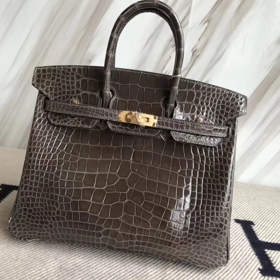 Hermès（爱马仕）Birkin25cm Alligator shiny 亮面鳄鱼 88  石墨灰 Graphite 金扣