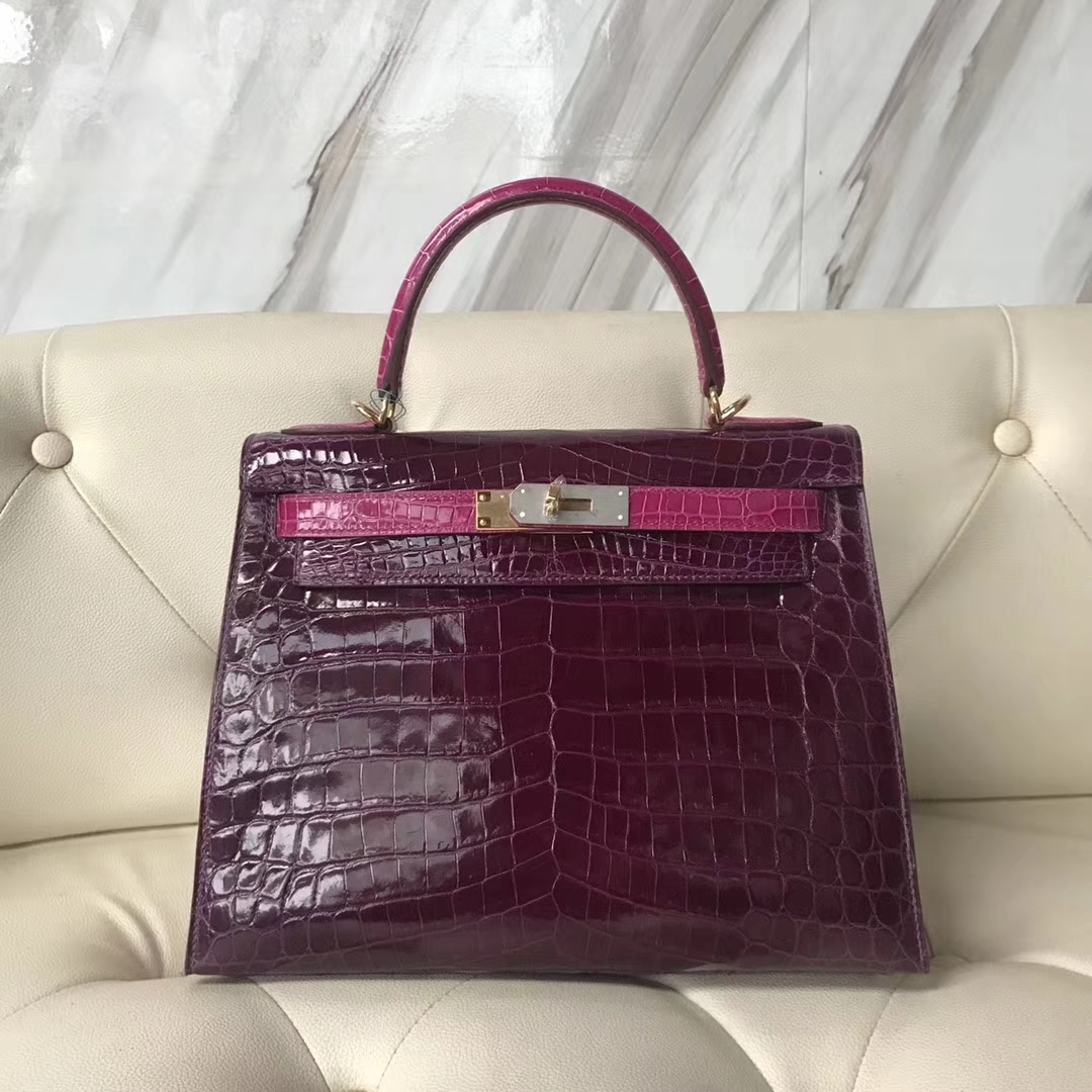 Hermès（爱马仕）Kelly shiny crocodile 亮面尼罗鳄 N5加仑紫拼J5天方夜谭粉紫 金扣 28cm