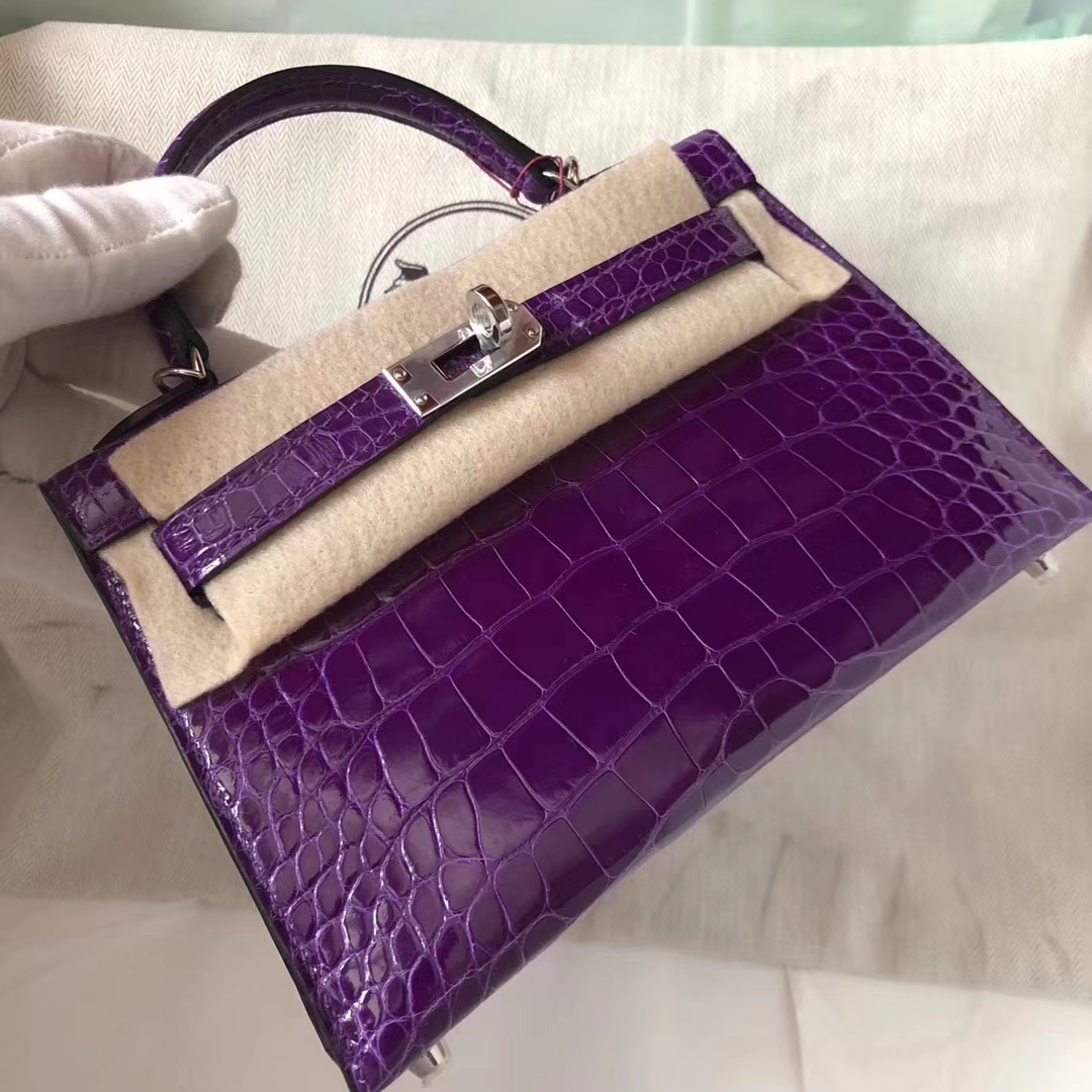 Hermès（爱马仕）Minikelly ll Alligator shiny 亮面鳄鱼  5L 极度紫 银扣