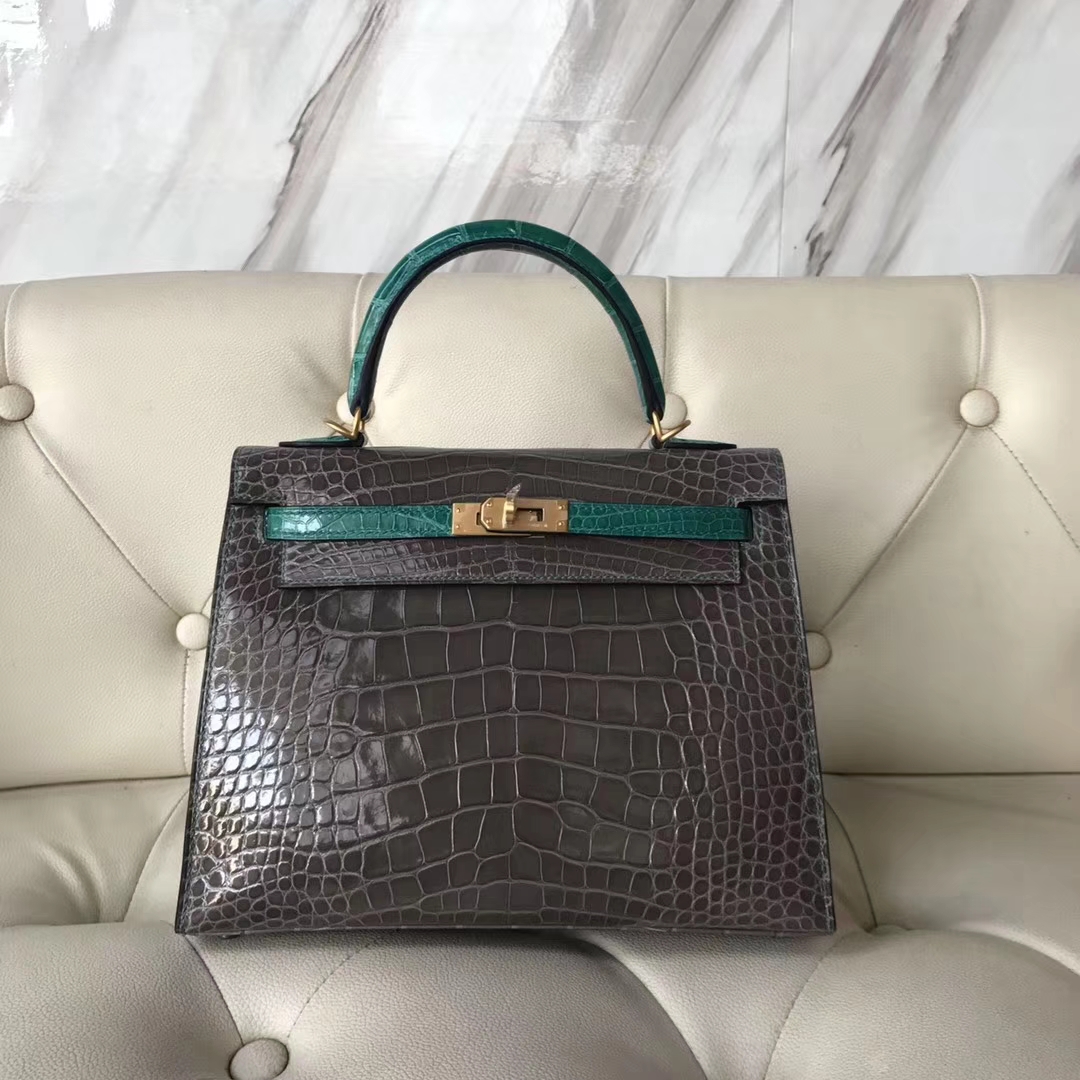 Hermès（爱马仕）Kelly shiny alligator crocodile 亮面框框鳄鱼 ck81斑鸠灰拼6Q翡翠绿 25cm