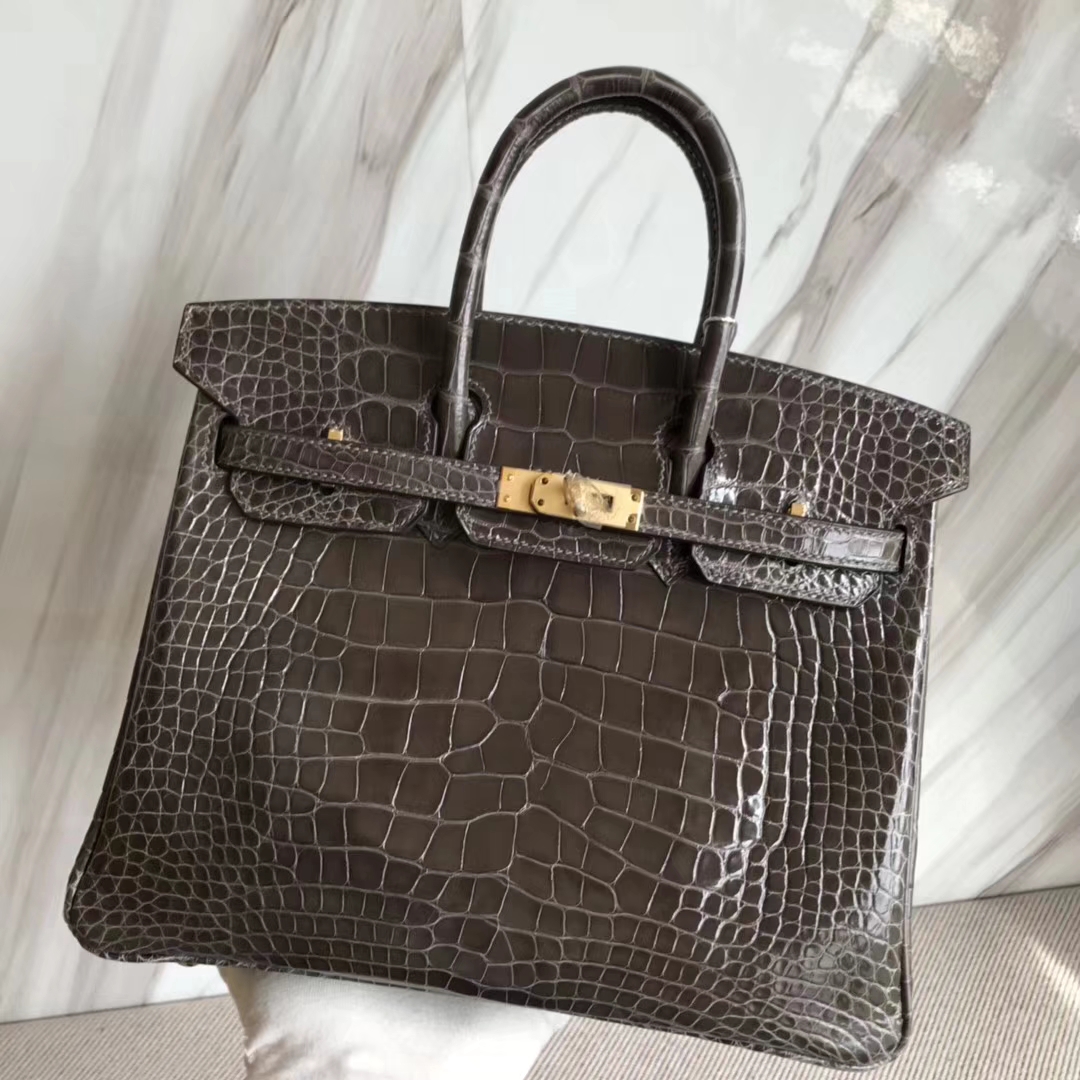 Hermès（爱马仕）Birkin25cm Alligator shiny 亮面鳄鱼 88  石墨灰 Graphite 金扣