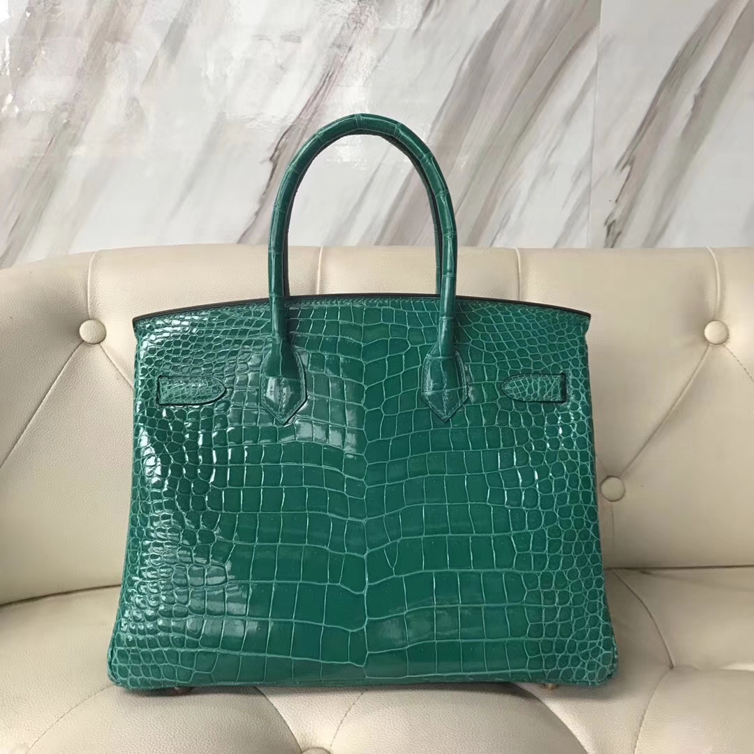 Hermès（爱马仕）Birkin30cm shiny porosus crocodile 亮面澳洲湾鳄 6Q翡翠绿 蜡线全手工 金扣