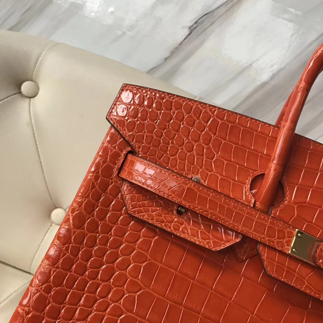 Hermès（爱马仕）Birkin Porosus shiny 亮面鳄鱼 8V 罂粟橘 金扣 35cm