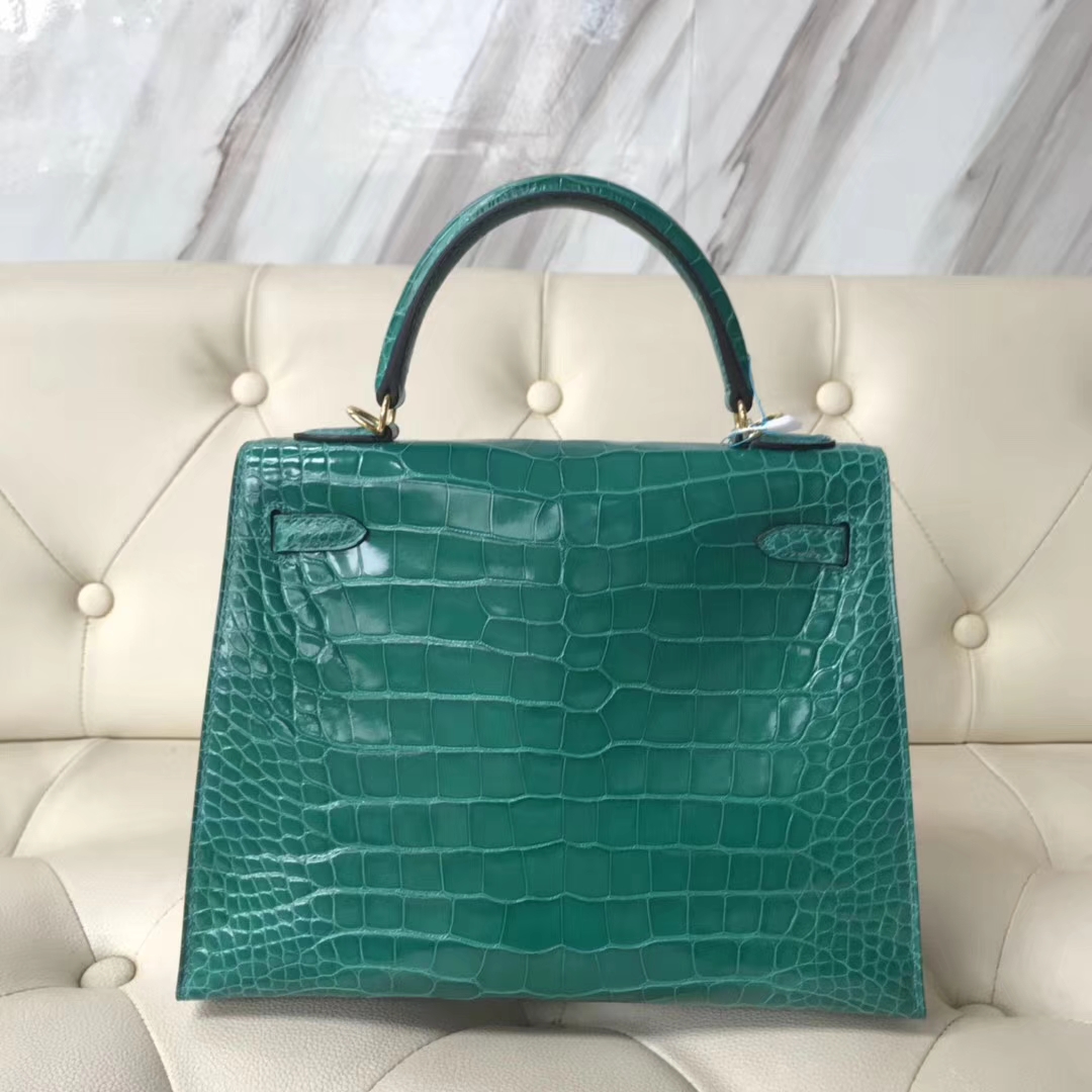 Hermès（爱马仕）Kelly25cm Alligator shiny 亮面方块鳄鱼 6Ｑ 翡翠绿 金扣