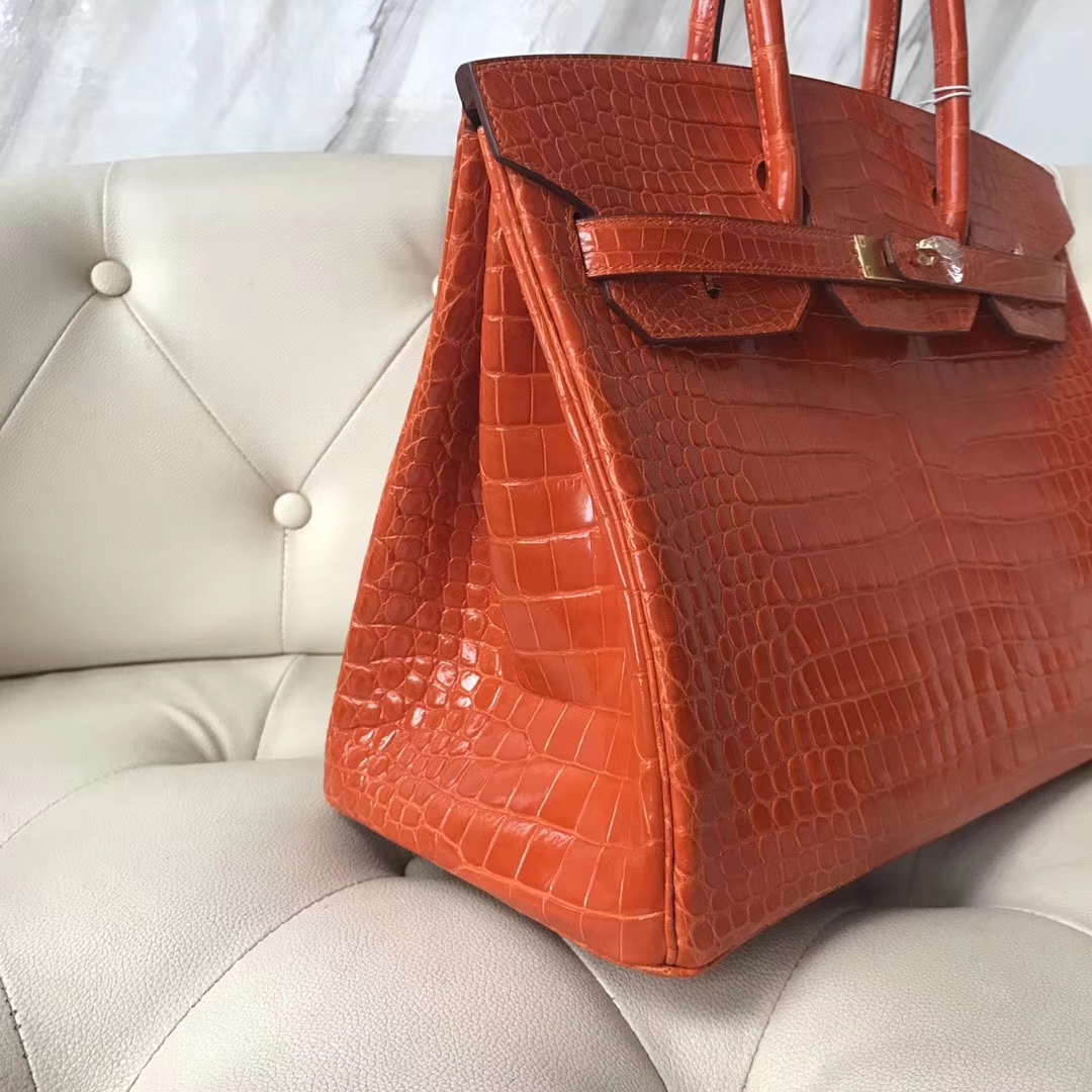 Hermès（爱马仕）Birkin Porosus shiny 亮面鳄鱼 8V 罂粟橘 金扣 35cm