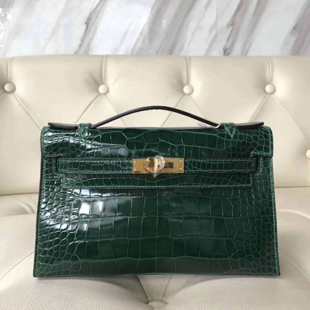 Hermès（爱马仕）Minikelly pochette 亮面鳄鱼 ck67 祖母绿 金扣 手拿包 晚宴包 22cm