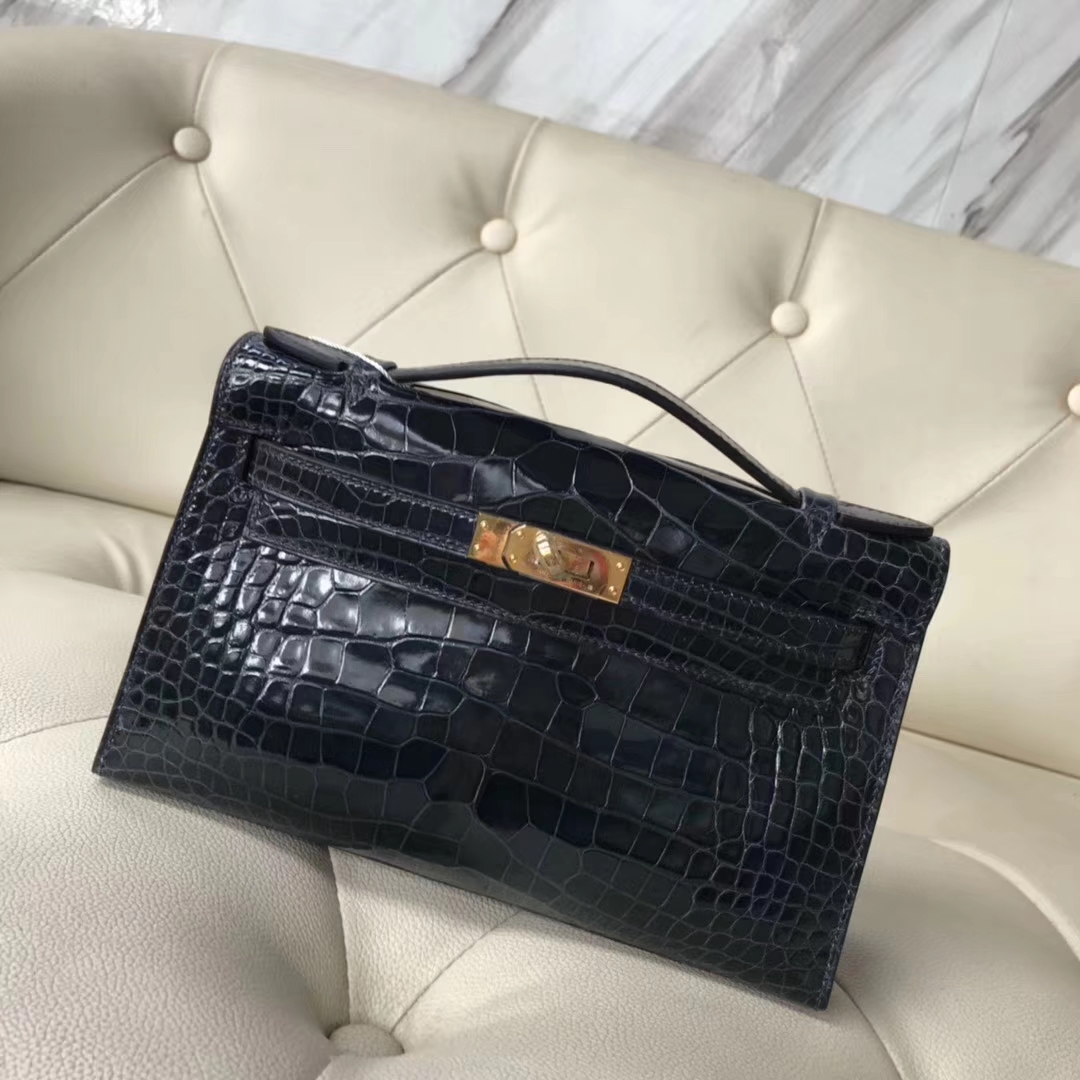 Hermès（爱马仕）Minikelly pochette 亮面鳄鱼 7k 深海蓝 金扣 手拿包 晚宴包 22cm