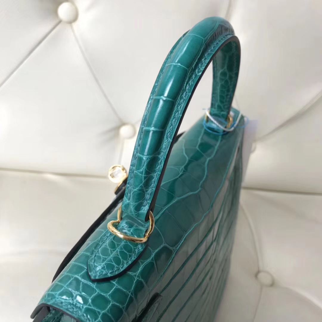 Hermès（爱马仕）Kelly25cm Alligator shiny 亮面方块鳄鱼 6Ｑ 翡翠绿 金扣