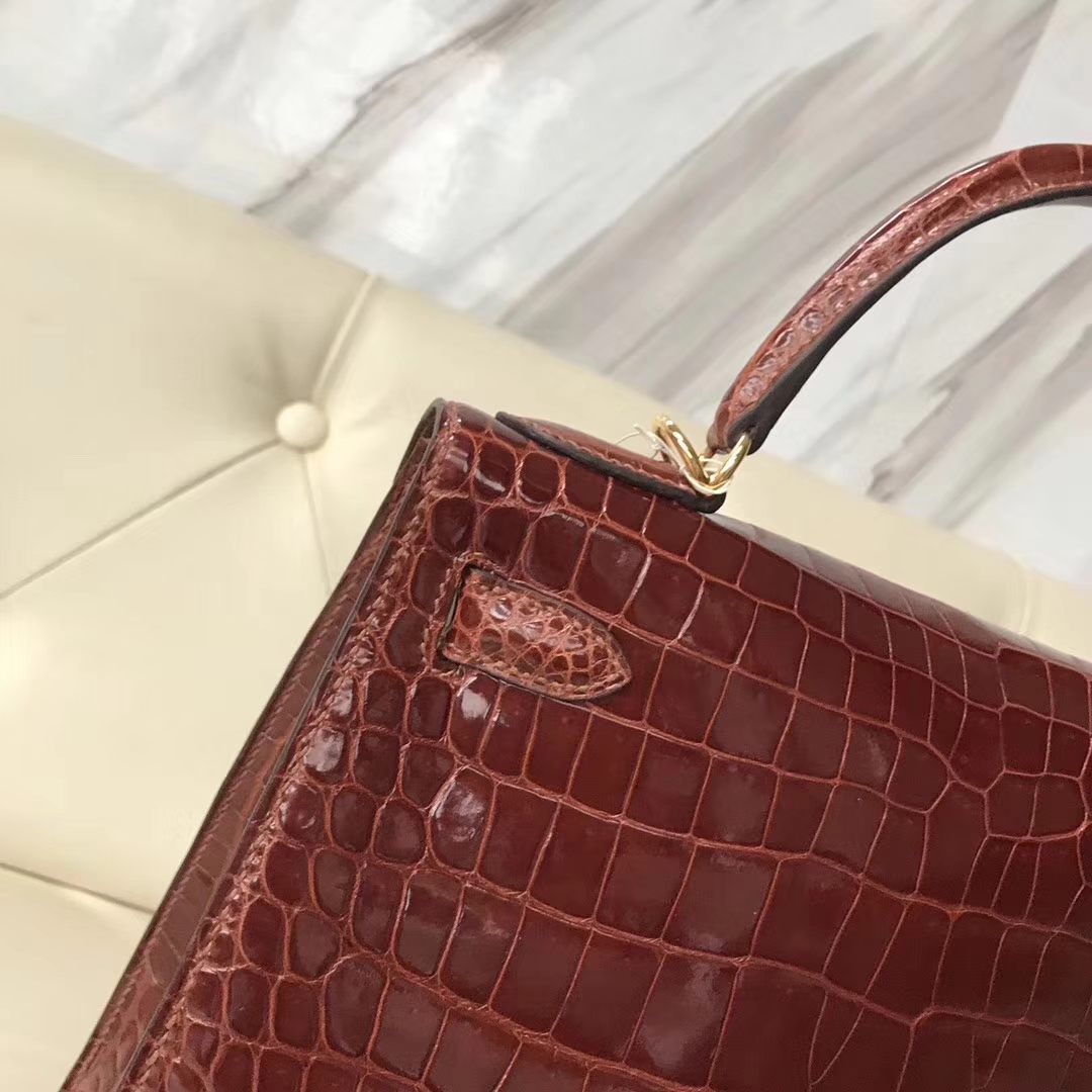 Hermès（爱马仕）Kelly28cm shiny porosus crocodile 澳洲湾鳄 ck31蜜糖棕 蜡线全手工