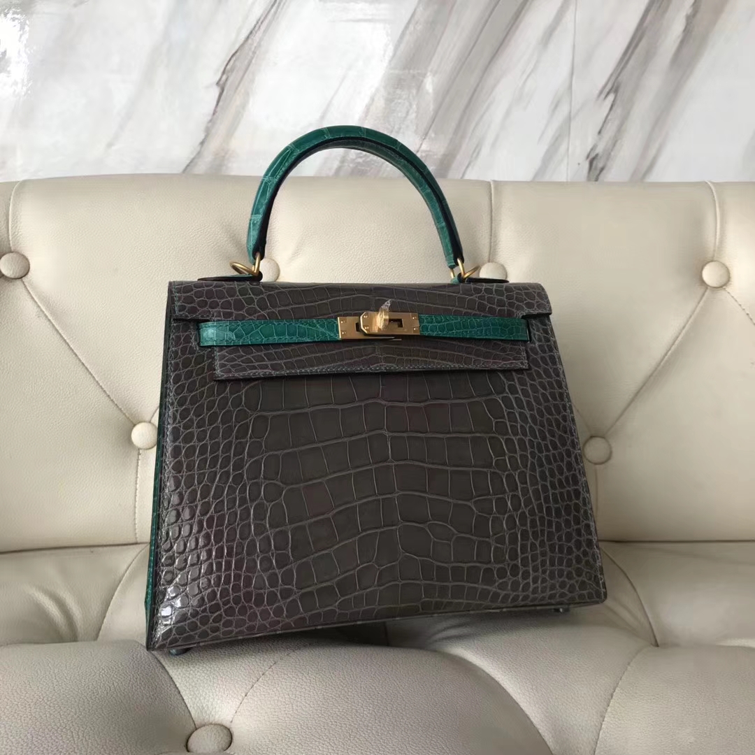 Hermès(爱马仕)Kelly shiny alligator crocodile 亮面框框鳄鱼 ck81斑鸠灰拼6Q翡翠绿 25cm-拉尔森鳄鱼皮具定制 - 爱马仕包包官网 Hermès(爱马仕)Kelly shiny alligator crocodile 亮面框框鳄鱼 ck81斑鸠灰拼6Q翡翠绿 25cm