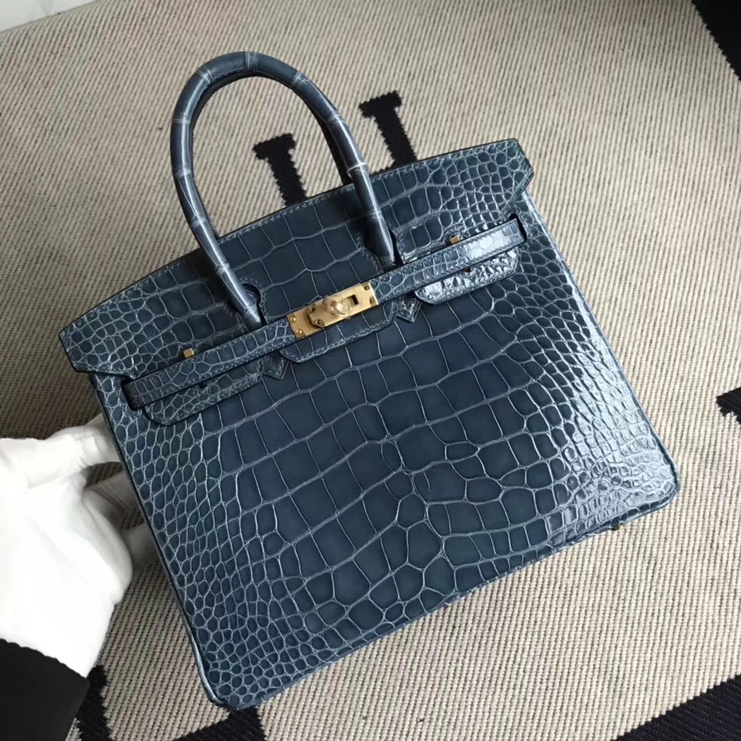 Hermès（爱马仕）Birkin25cm Alligator shiny 亮面鳄鱼 1p 鸭子蓝 金扣