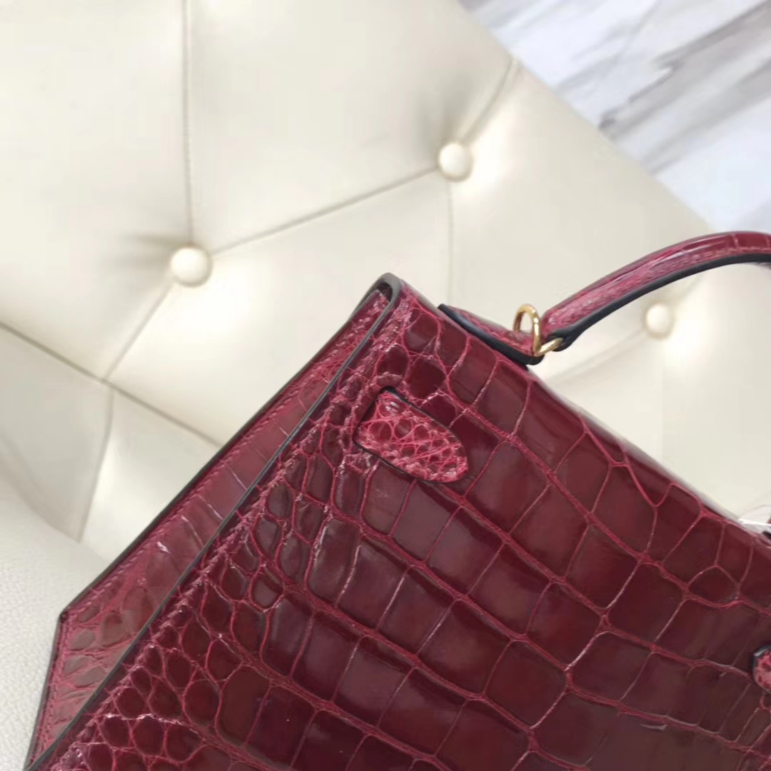 Hermès（爱马仕）Minikelly ll Alligator shiny 亮面鳄鱼  F5 勃艮第酒红 新酒红 金扣