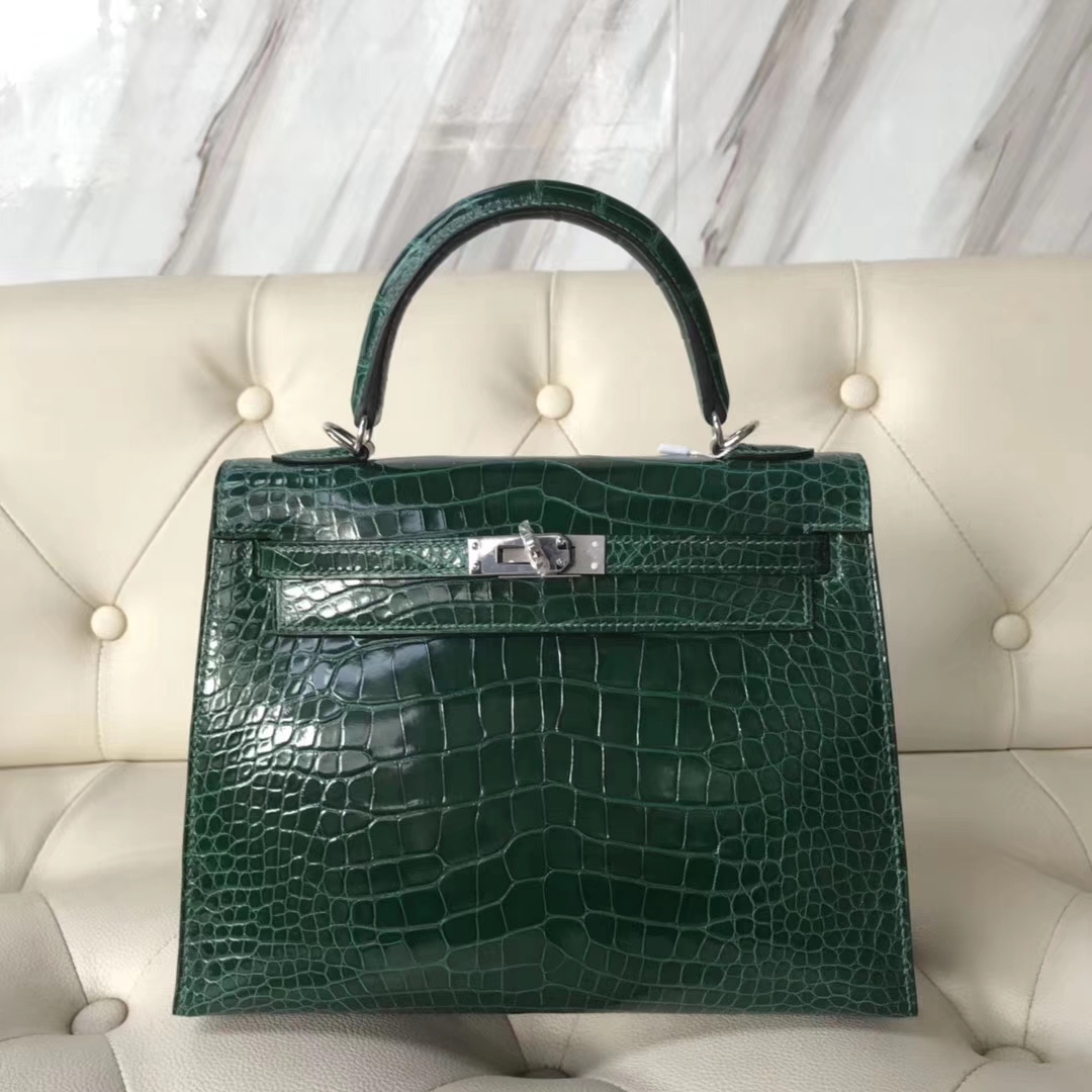 Hermès（爱马仕）Kelly25cm Alligator shiny 亮面鳄鱼 ck67 祖母绿 vert fonce 银扣