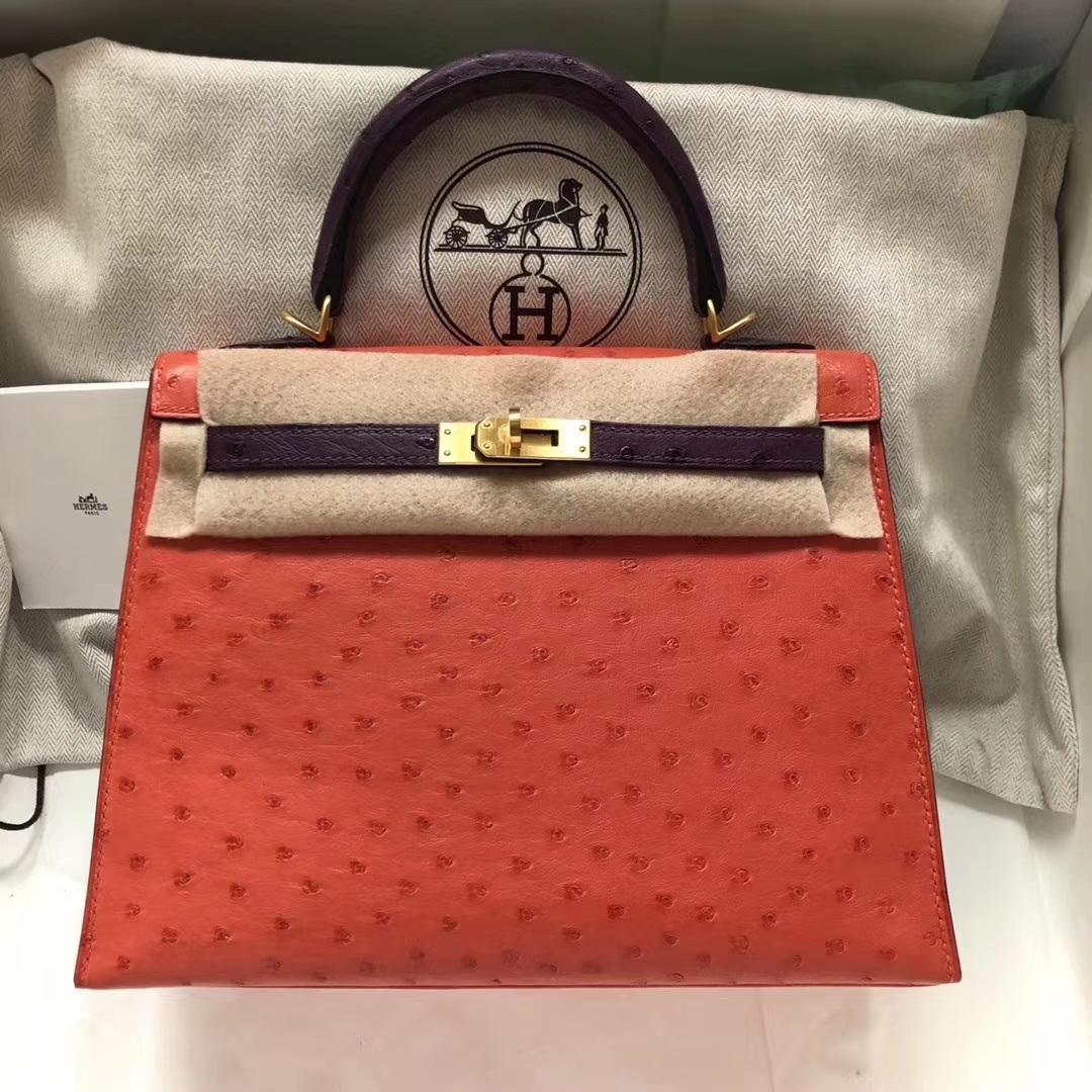 Hermès（爱马仕）Kelly Ostrich kk 鸵鸟 A5 杜鹃红 9w 梦幻紫 金扣 马蹄印 25cm