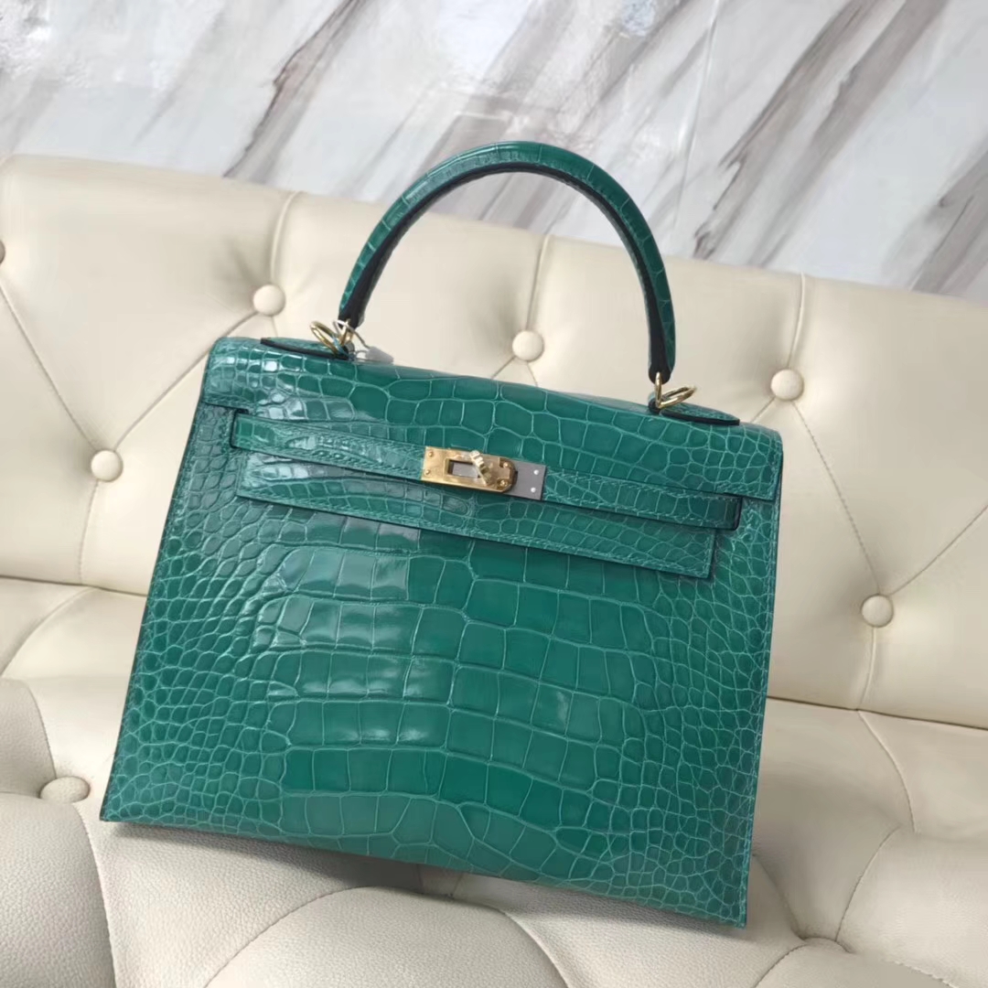 Hermès(爱马仕)Kelly25cm Alligator shiny 亮面方块鳄鱼 6Q 翡翠绿 金扣-拉尔森鳄鱼皮具定制 - 爱马仕包包官网 Hermès(爱马仕)Kelly25cm Alligator shiny 亮面方块鳄鱼 6Q 翡翠绿 金扣