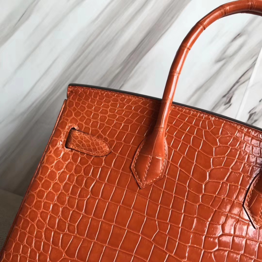 Hermès（爱马仕）Birkin30cm shiny porosus crocodile 澳洲湾鳄 8V栗罂橙 原厂御用HCp 蜡线全手工 金扣