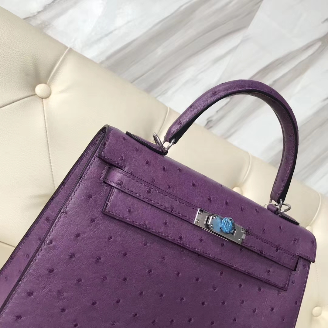 Hermès（爱马仕）Kelly25cm ostrich kk鸵鸟 P9海葵紫 顶级工艺 蜡线全手工 银扣 接受定制