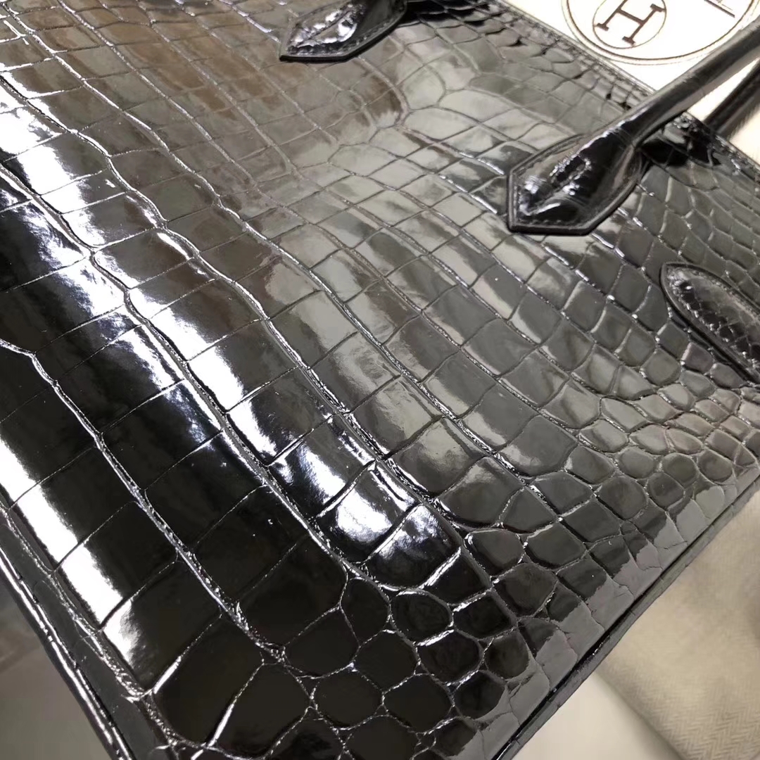 Hermès（爱马仕）Birkin30cm Porosus shiny 亮面澳洲湾鳄 ck89 黑色 银扣