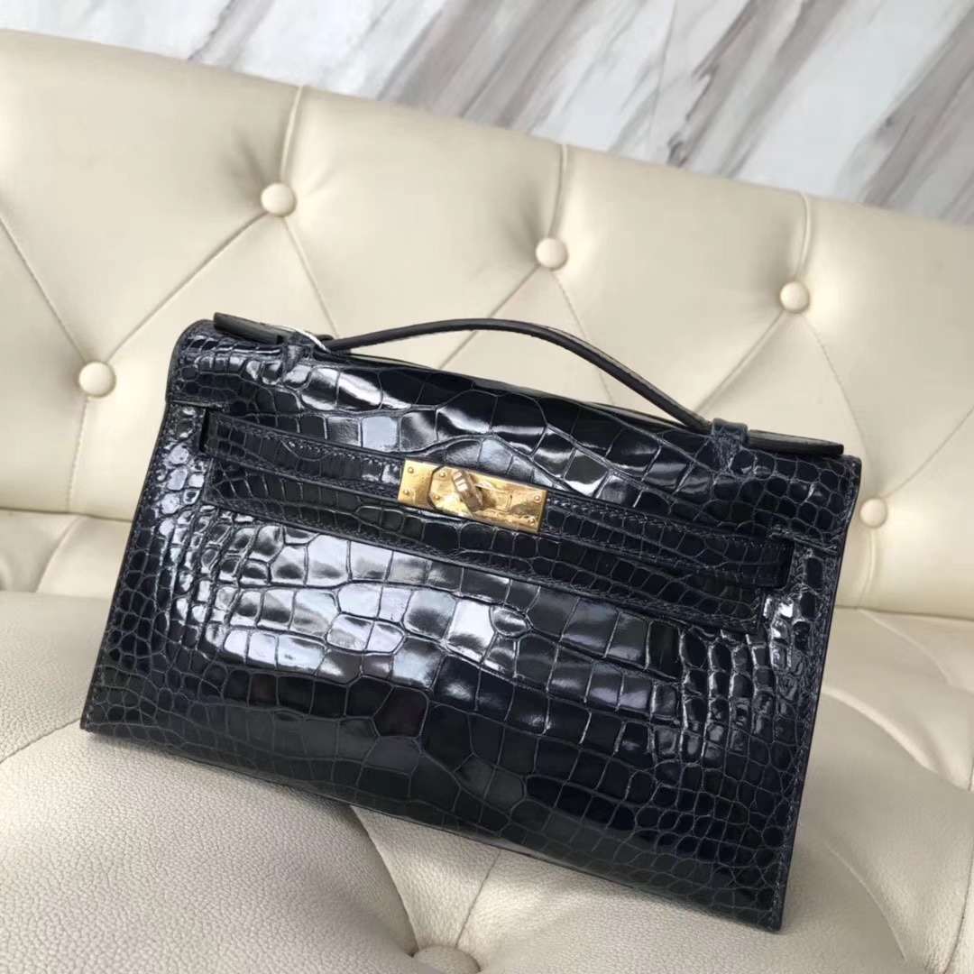 Hermès（爱马仕）Minikelly pochette 亮面鳄鱼 7k 深海蓝 金扣 手拿包 晚宴包 22cm