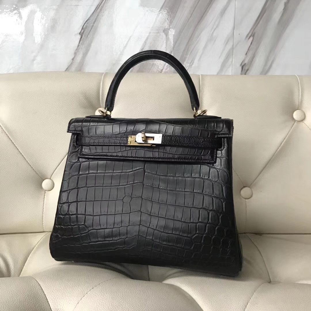Hermès(爱马仕)Kelly Matt crocodile 雾面两点尼罗鳄 ck89黑色 蜡线全手工 金扣 25cm-拉尔森鳄鱼皮具定制 - 爱马仕包包官网 Hermès(爱马仕)Kelly Matt crocodile 雾面两点尼罗鳄 ck89黑色 蜡线全手工 金扣 25cm