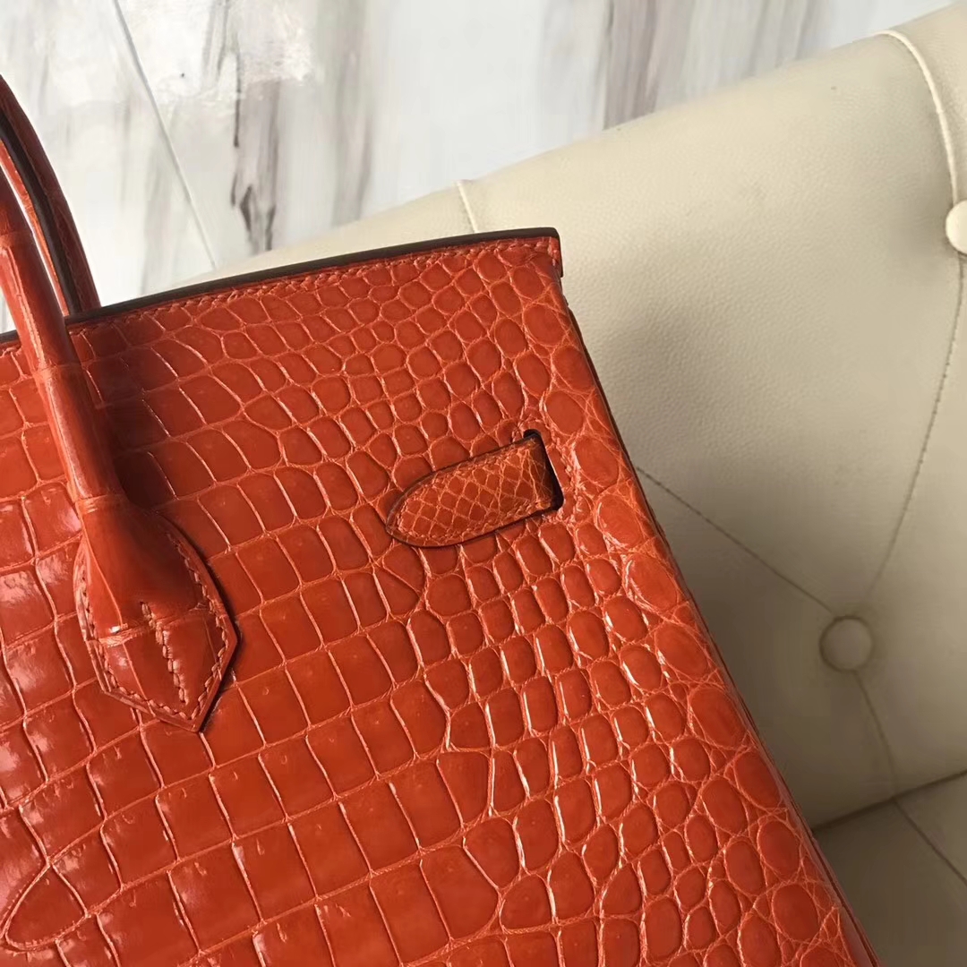 Hermès（爱马仕）Birkin Porosus shiny 亮面鳄鱼 8V 罂粟橘 金扣 35cm
